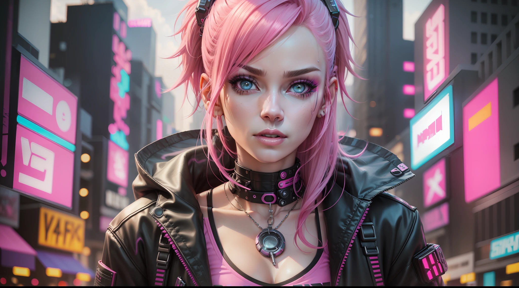 a woman with pink hair and a pink top with black and pink makeup, beautiful cyberpunk girl face, cyberpunk style , hyperrealistic, cyberpunk look, hyper-realistic cyberpunk style, cyberpunk cyborg, cyberpunk girl, cyborg girl, cyberpunk themed art, cyberpunk art style, the cyberpunk girl portrait, cyberpunk style, dreamy cyberpunk girl, cyberpunk beautiful girl, cyberpunk art, female cyberpunk