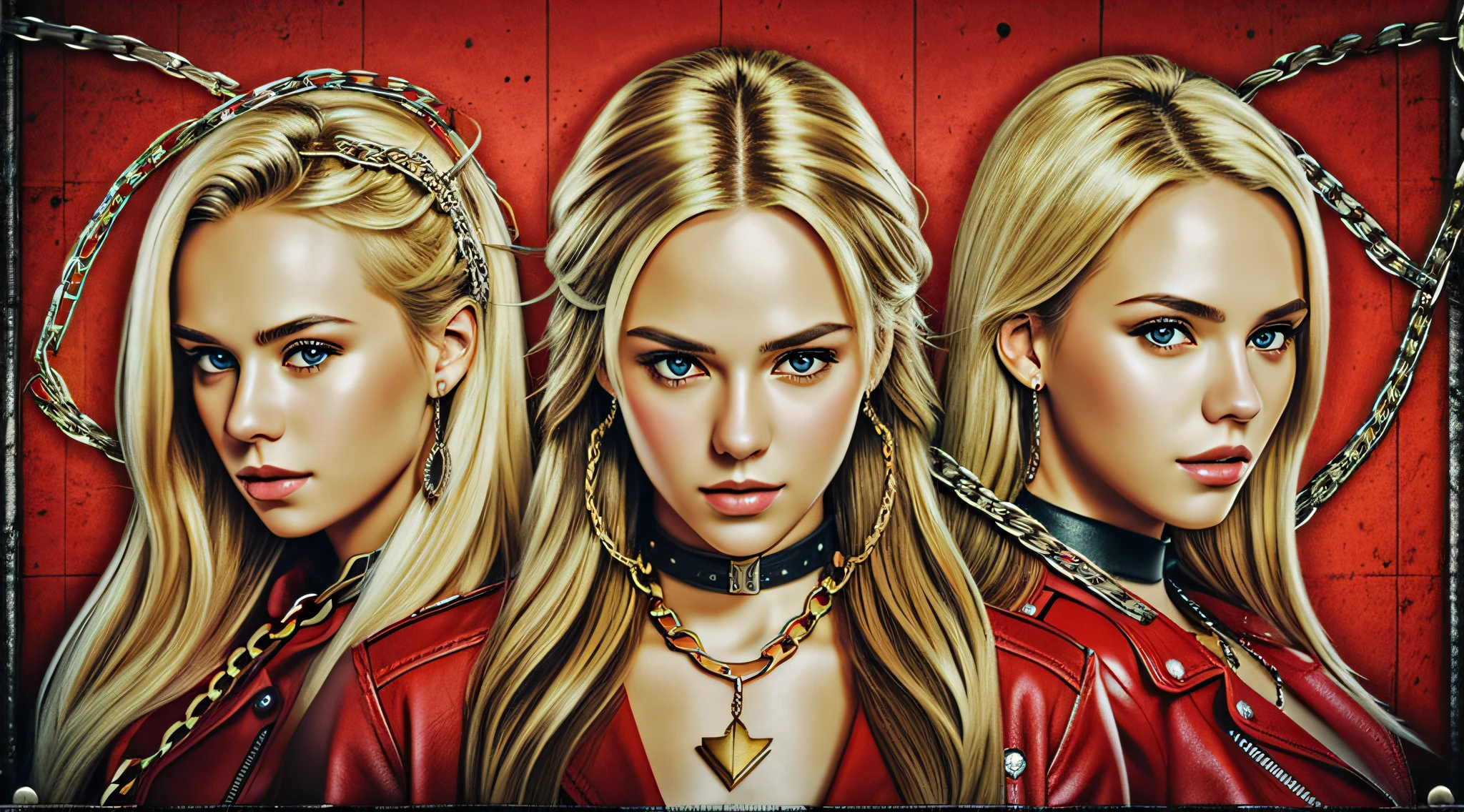 A half body, portrait of 3 German girls long blonde hair of 21 years, red leather jackets, background chains, chain, more chains, many chains, , red, red fire, many background flames.