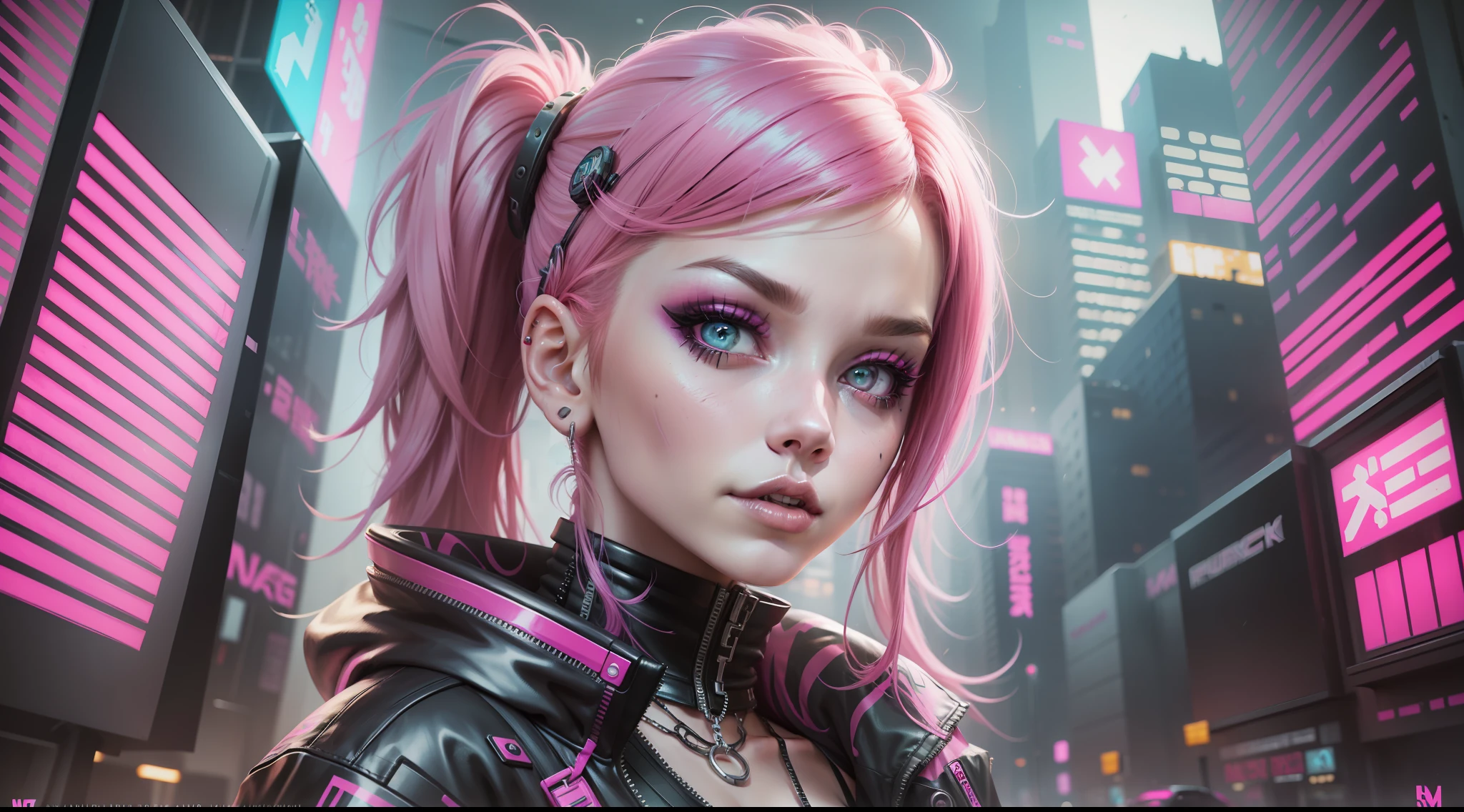 a woman with pink hair and a pink top with black and pink makeup, beautiful cyberpunk girl face, cyberpunk style , hyperrealistic, cyberpunk look, hyper-realistic cyberpunk style, cyberpunk cyborg, cyberpunk girl, cyborg girl, cyberpunk themed art, cyberpunk art style, the cyberpunk girl portrait, cyberpunk style, dreamy cyberpunk girl, cyberpunk beautiful girl, cyberpunk art, female cyberpunk