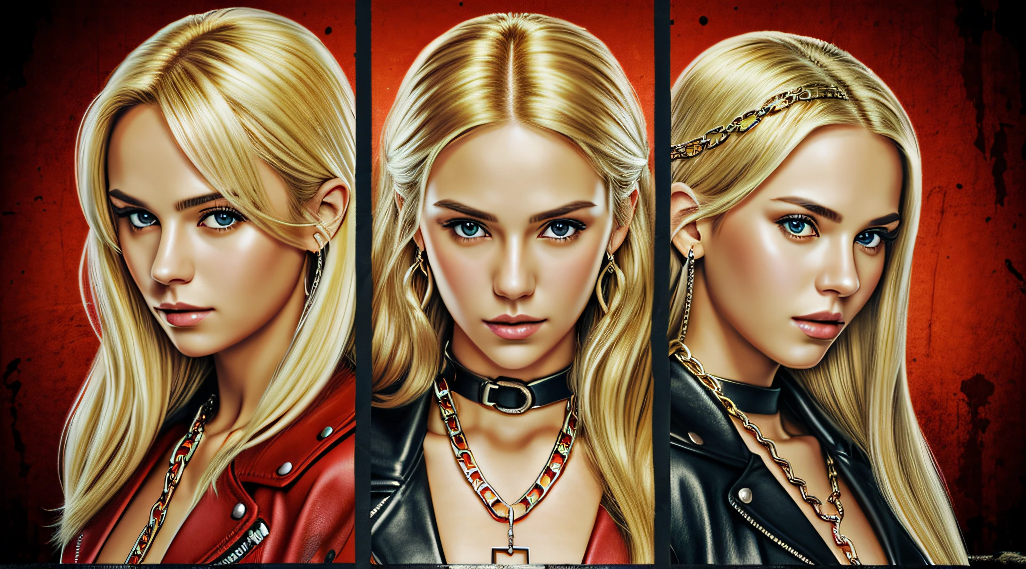 A half body, portrait of 3 German girls long blonde hair of 21 years, red leather jackets, background chains, chain, more chains, many chains, , red, red fire, many background flames.