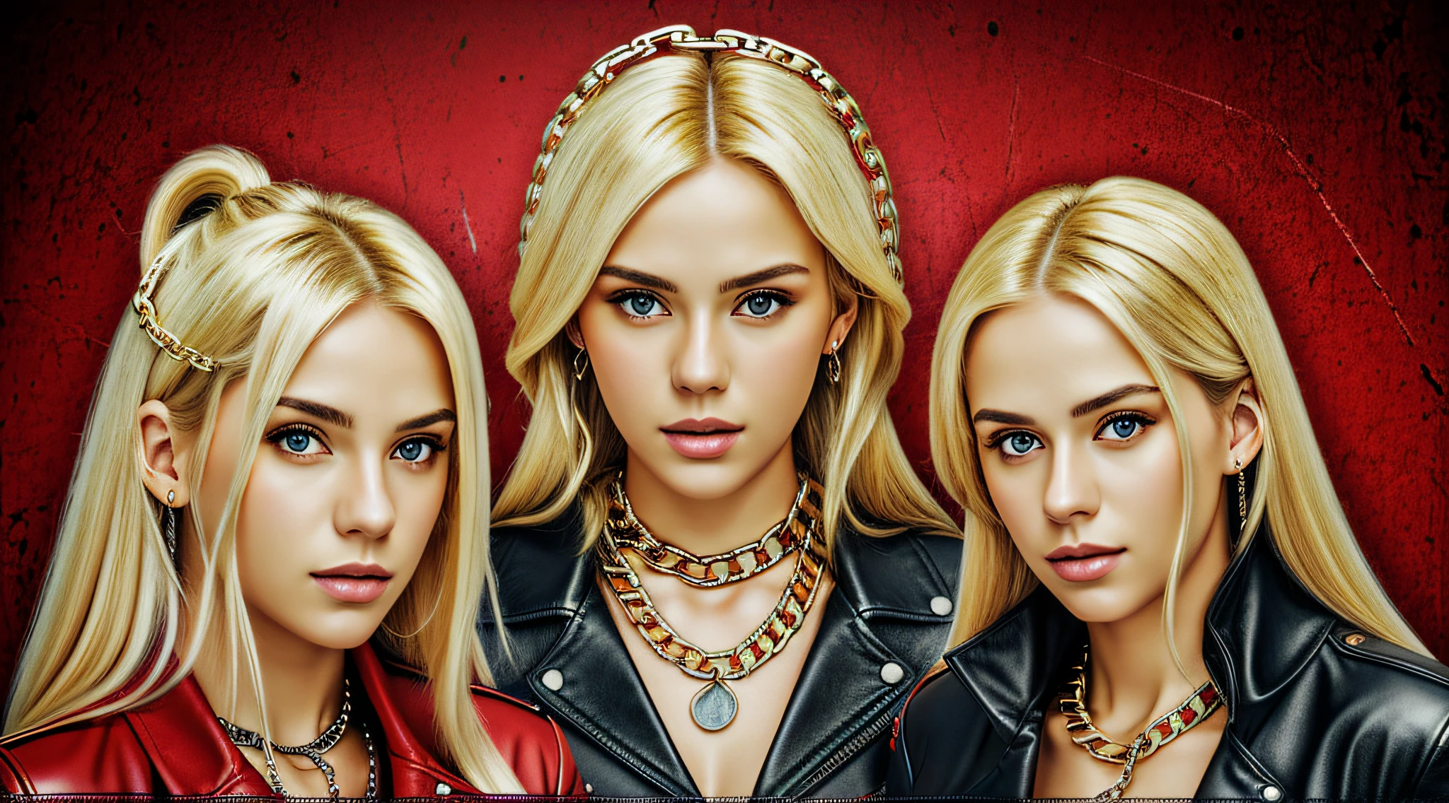 A half body, portrait of 3 German girls long blonde hair of 21 years, red leather jackets, background chains, chain, more chains, many chains, , red, red fire, many background flames.