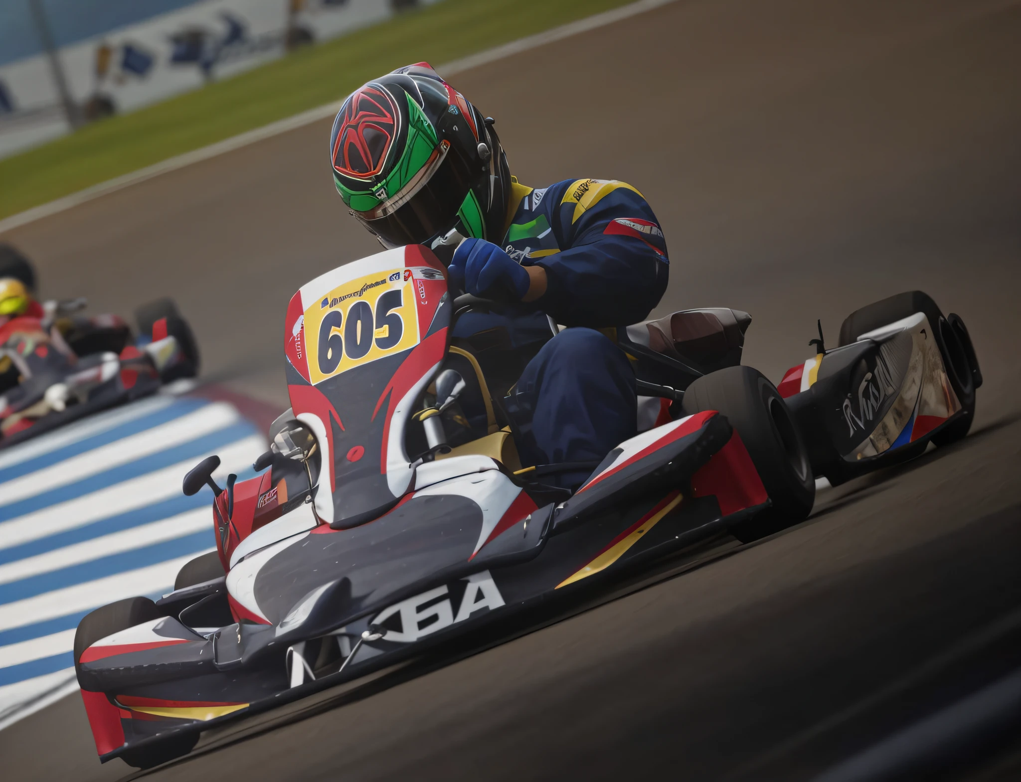 There is a man who is running a kart race, realistic details, ultra-detailed, light, lighting, camera,