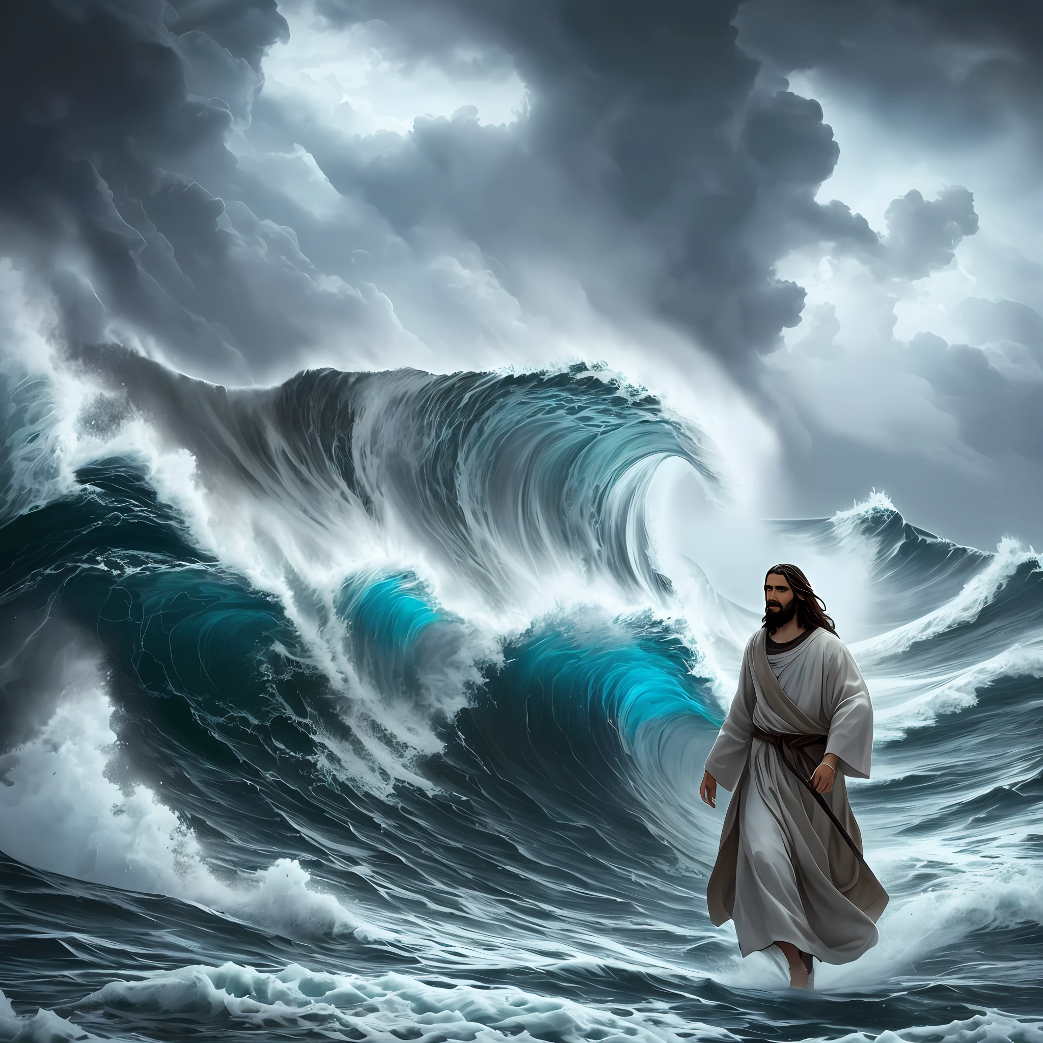 jesus walking in the ocean with a large wave, jesus walking on water, the sea and storms behind him, standing in a maelstrom, in rough seas with large waves, epic biblical depiction, in a storm, torment and waves, it's running between a storm, the lord and savior, apocalyptic tumultuous sea, jesus christ, standing against the storm