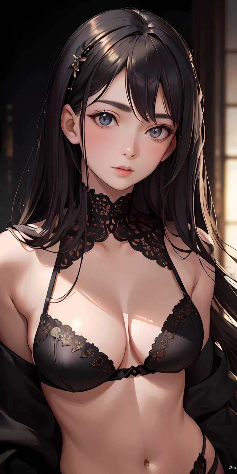 Masterpiece, highres, high Quality, detailed face, detailed body render, 1girl, solo, hyuuga hinata, hinata-sleeveless-outfit, large breasts, big breast, sleeveless shirt, fishnet top, dark lips, unzipped jacket, no bra, breasts out, nipple, standing, blushes, (on bedroom)