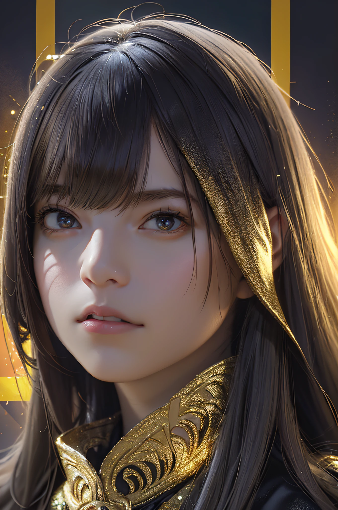 (Front Focus), (In the Dark: 1.6), A Woman Wearing Gorgeous Golden Robe, Fantasy Art, Photo Realism, Dynamic Lighting, Artstation, Poster, Volumetric Lighting, Very Detailed Face, 4 K, Award-Winning 1girl, In the Dark, Deep Shadow, Low Key, Cowboy Shot, (Official Uniform: 1.4), Long Hair, Gray Hair