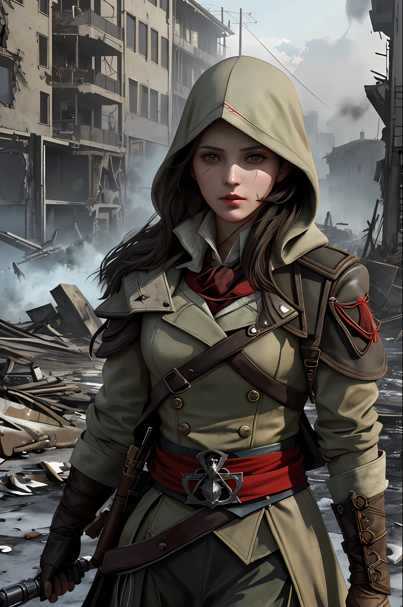 Create a compelling Assassin’s Creed Concept Art piece inspired by the WW2 era, crafted in the style of ultra-realistic visuals with meticulous attention to detail. Portray a young and captivating European girl adorned in a worn Allies military uniform, her face obscured by a hood. Set the scene amidst the haunting aftermath of a battlefield, showcasing the devastation and destruction left in the wake of war. Emphasize the realism and intricacy of the environment, capturing the gritty textures, shattered structures, and somber atmosphere in stunning 8K resolution.