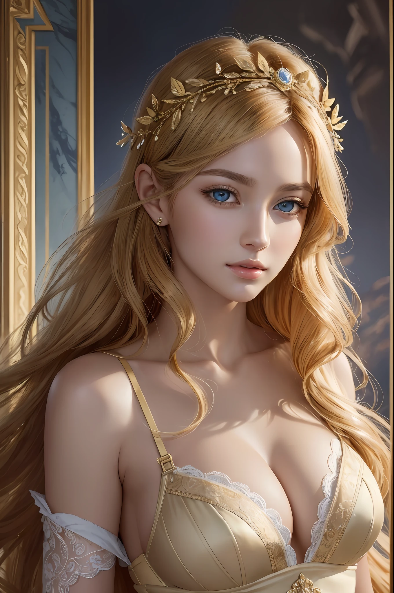 ( Absurd, High quality, ultra-detailed, masterpiece, concept art, smooth, highly detailed artwork, hyper-realistic painting )beautiful eyes(eyes detailed), Greek mythology, Helen of Sparta, princess Helen, the most beautiful woman in the world, beauty was extraordinary, enchanting, with radiant features and a flawless complexion, lovely, mesmerizing eyes that held a magnetic charm, drawing people towards her, Golden hair color, cascading down her shoulders in waves, her beauty became a source of conflict and tragedy, Whole body, lace lingerie
