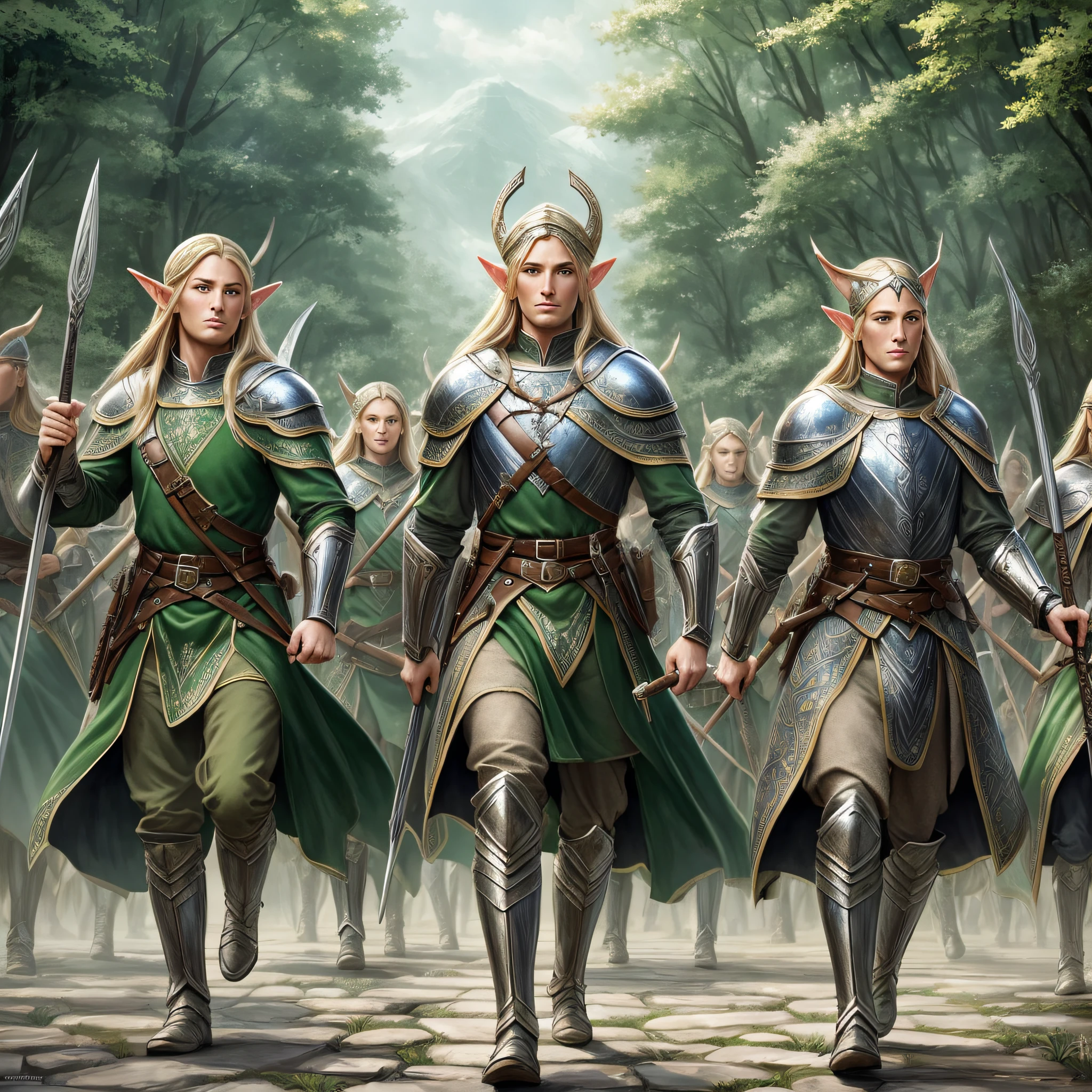 (hyper-realistic), (illustration), (high resolution), (8K), (extremely detailed), (best illustration), (detailed rpg art), (best quality), (ultra-detailed), (masterpiece), (wallpaper), elven soldiers, several armed with staffs and bows, elven soldiers men of medieval times marching forward to combat, shields and magical weapons with glowing aura around, forest with thousands of elves with pointed ears and marching like medieval soldiers. --auto --s2