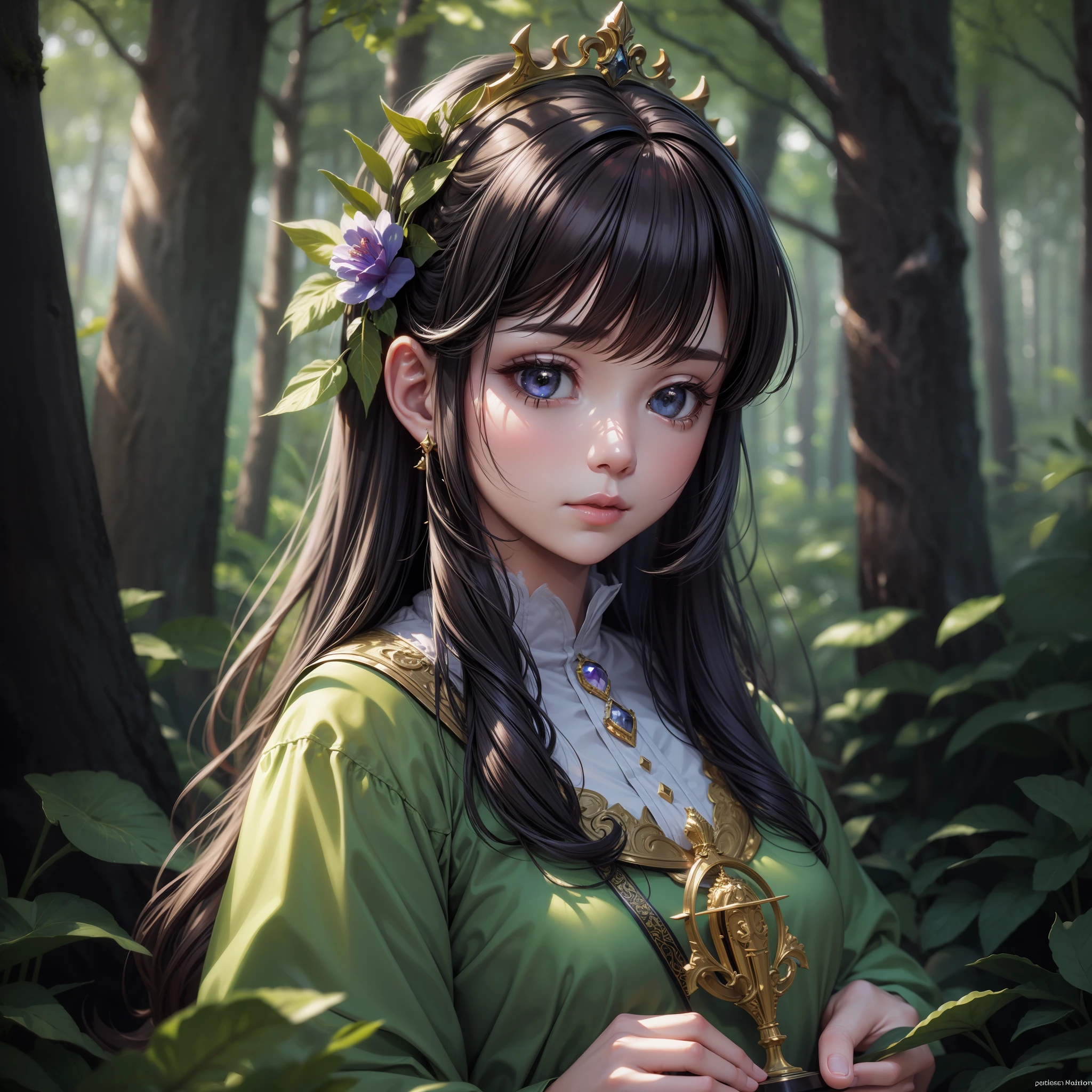 cinematic shot of cute princess realistic, surrounded by forest, seamless, epic, cinematic, intricate details, award-winning, great lighting, shading, high quality, detailed