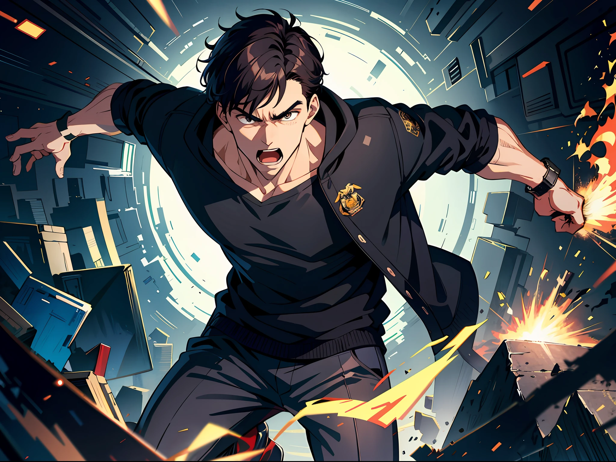 High resolution, highest quality, illustrations, super detailed, a handsome young man with a heavy expression, wearing a black sweatshirt behind him with a monstrous rage