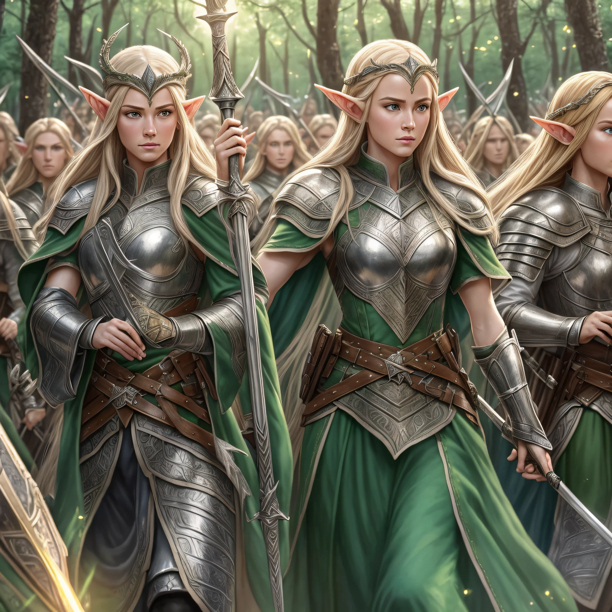 (hyper-realistic), (illustration), (high resolution), (8K), (extremely detailed), (best illustration), (detailed rpg art), (best quality), (ultra-detailed), (masterpiece), (wallpaper), elven soldiers, several armed with staffs and bows, elven soldiers men of medieval times marching forward to combat, shields and magical weapons with glowing aura around, forest with thousands of elves with pointed ears and marching like medieval soldiers. --auto --s2