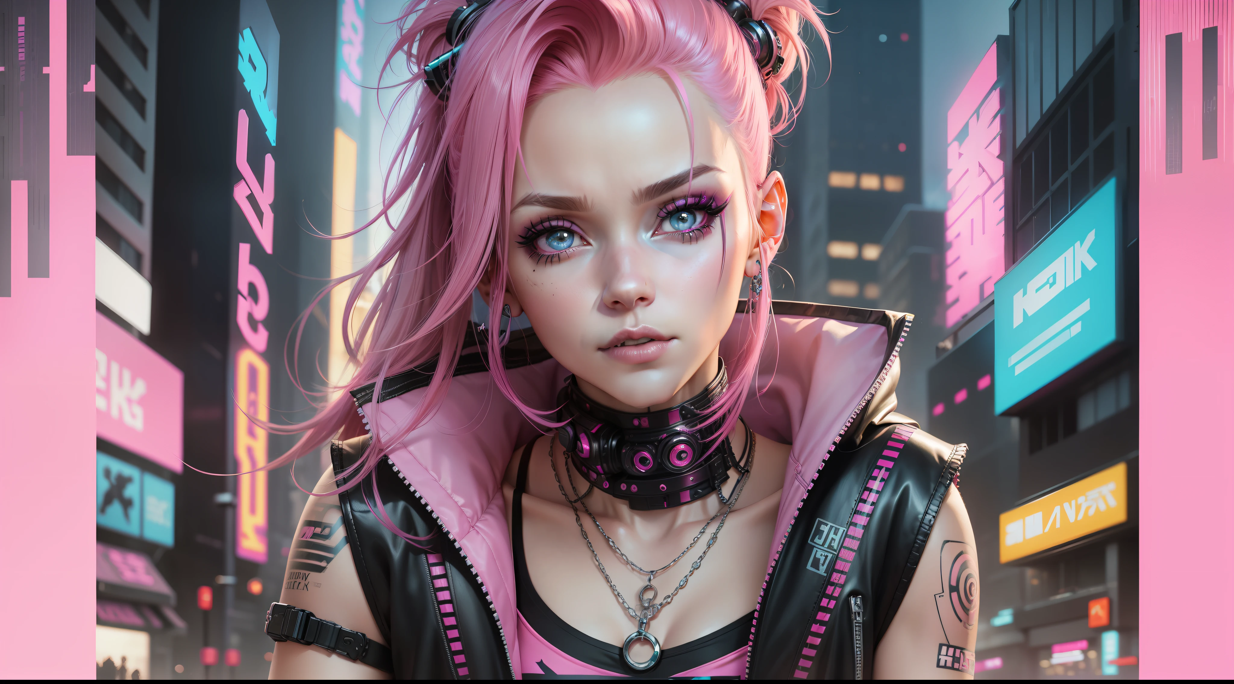 a woman with pink hair and a pink top with black and pink makeup, beautiful cyberpunk girl face, cyberpunk style ， hyperrealistic, cyberpunk look, hyper-realistic cyberpunk style, cyberpunk cyborg, cyberpunk girl, cyborg girl, cyberpunk themed art, cyberpunk art style, the cyberpunk girl portrait, cyberpunk style, dreamy cyberpunk girl, cyberpunk beautiful girl, cyberpunk art, female cyberpunk