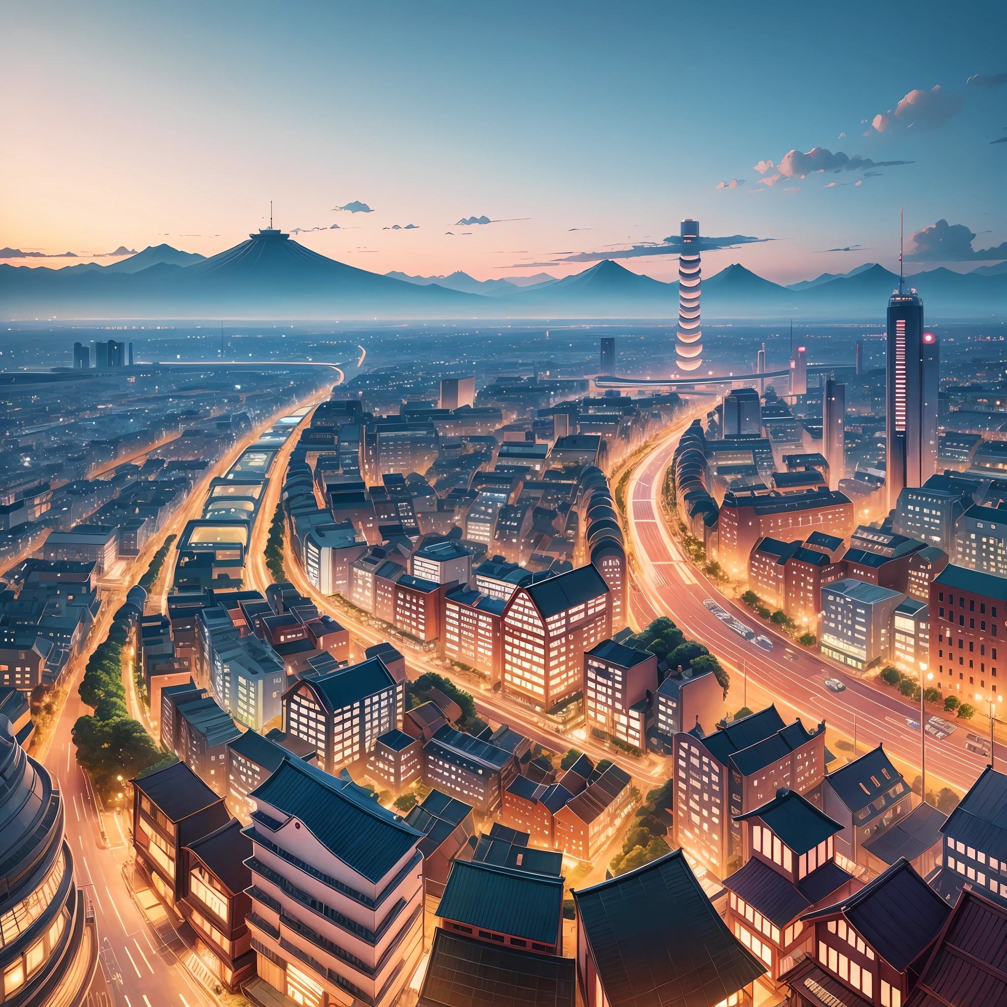 Ghibli world, panoramic view, beautiful Japan city, futuristic building, landscape, niji5 --auto --s2