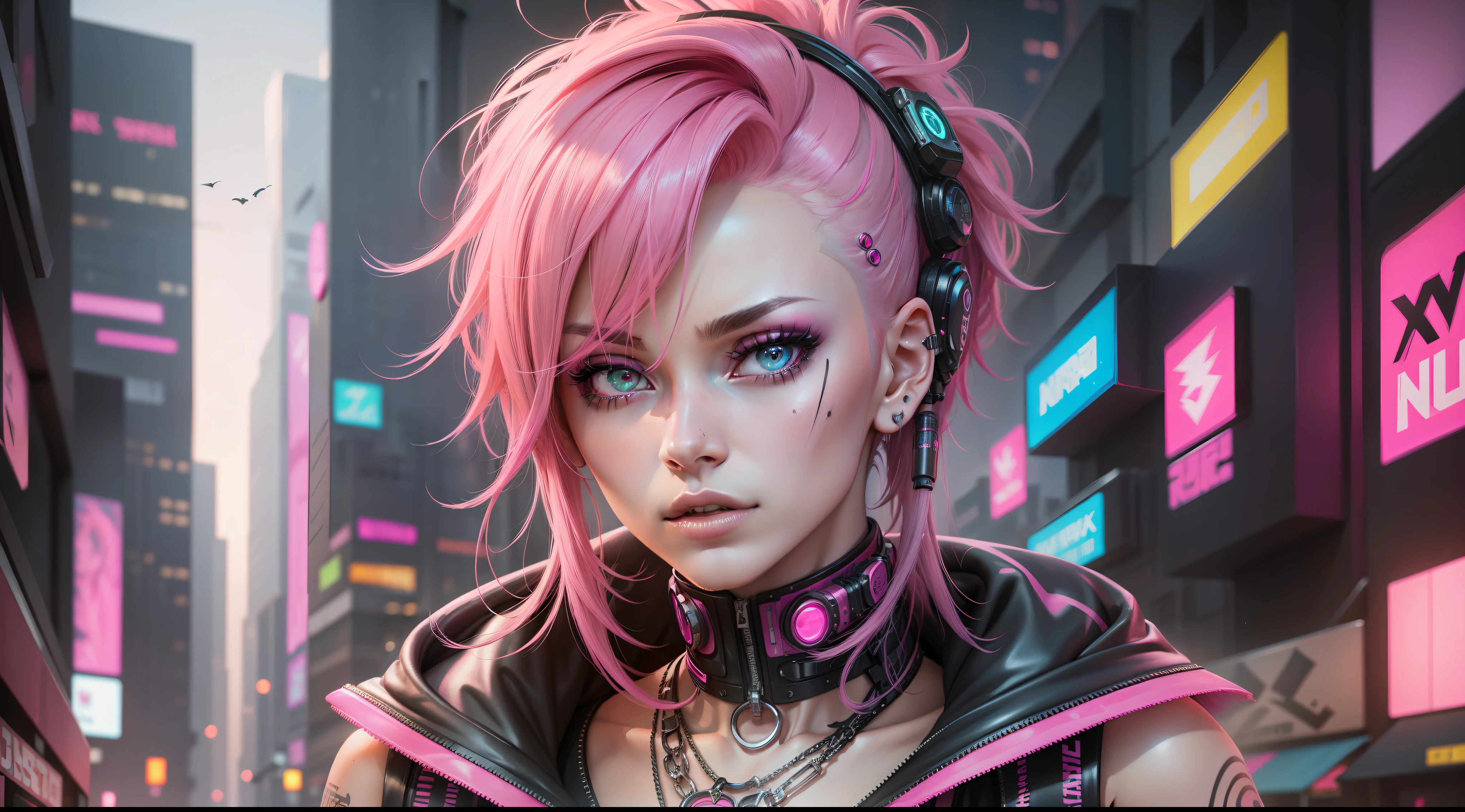 a woman with pink hair and a pink top with black and pink makeup, beautiful cyberpunk girl face, cyberpunk style , hyperrealistic, cyberpunk look, hyper-realistic cyberpunk style, cyberpunk cyborg, cyberpunk girl, cyborg girl, cyberpunk themed art, cyberpunk art style, the cyberpunk girl portrait, cyberpunk style, dreamy cyberpunk girl, cyberpunk beautiful girl, cyberpunk art, female cyberpunk
