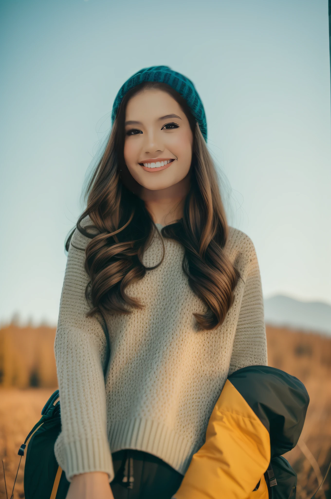 this girl in a photo ((upper body selfie, happy)), masterpiece, best quality, ultra-detailed, solo, outdoor, (night), road in the forest, nature, (stars, moon) cheerful, happy, backpack, sleeping bag, camping stove, water bottle, mountain boots, gloves, sweater, hat, lantern, forest, stones, river, wood, smoke, shadows, contrast, clear sky, style, (warm hue,  warm tone): 1.2), close-up, cinematic light, side lighting, ultra high resolution, best shadow, RAW, upper body, wearing pullover