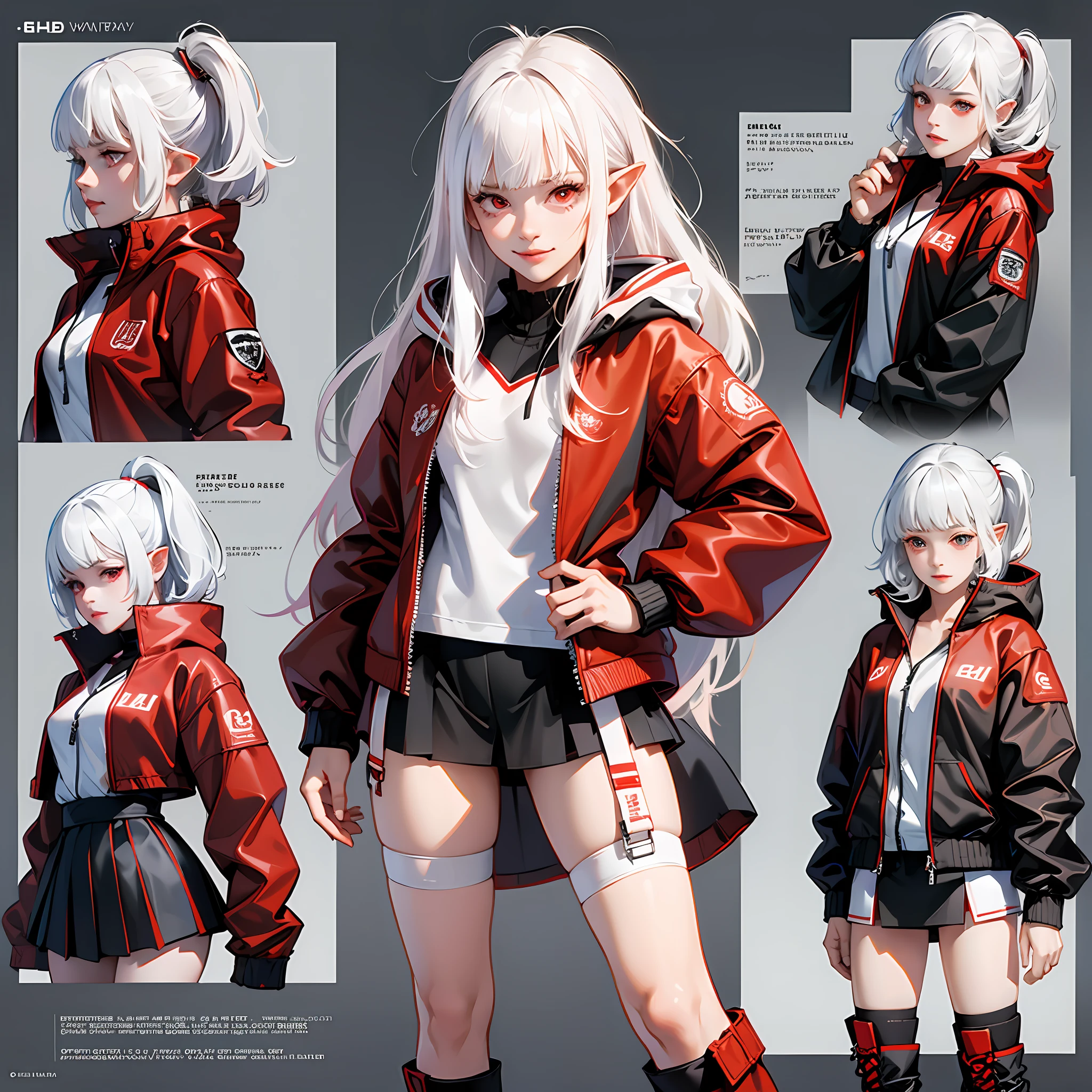 1girl, white hair, bangs, blunt bangs, vampire, frilled skirt, red windbreaker, modern windbreaker, modern, modern outfit, Columbia Women's Switchback III Jacket, hood down, pointy ears, looking at viewer, smile, solo, amused expression, smug, thigh-highs, red eyes, full body, simple background, white background, anime, (((modern day))), reference sheet, UHD, best quality --auto --s2