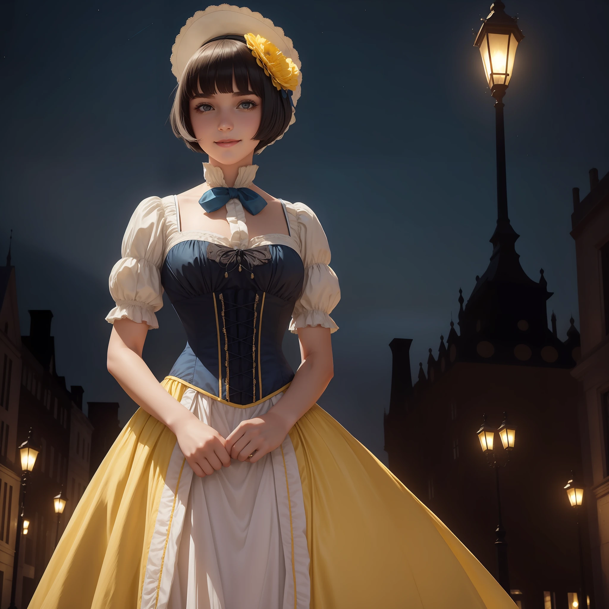 (((1girl))), (((solo))), Caucasian white girl, 20 years old, black bobcut hair with a flower in her hair, dressed in a victorian era yellow corset and blue dress, at a victorian era london, night, she's standing, she's smiling, sideways