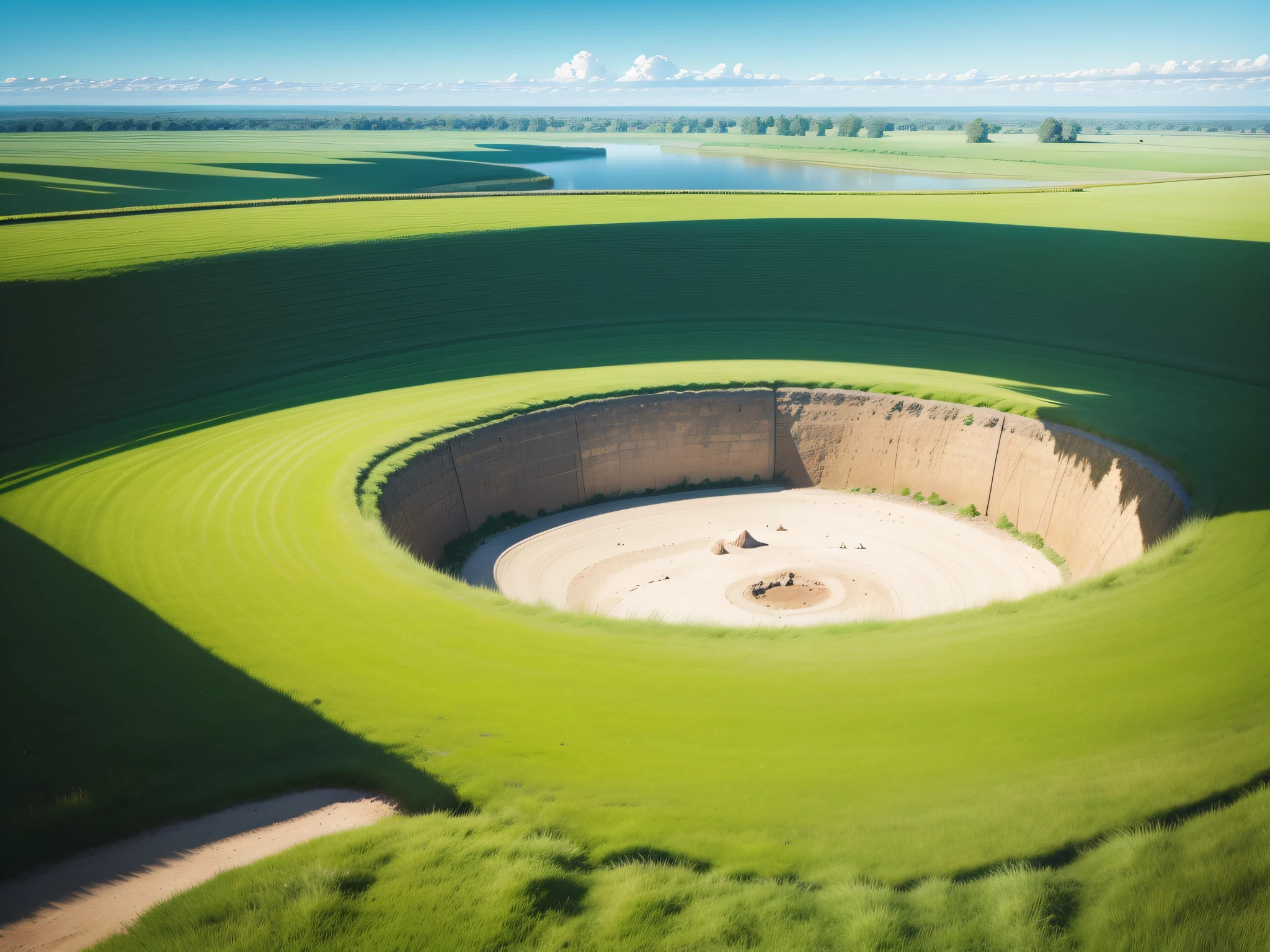 a flat landscape with lawn, with a protective fence, a blue sky, a crater in the middle of the ground