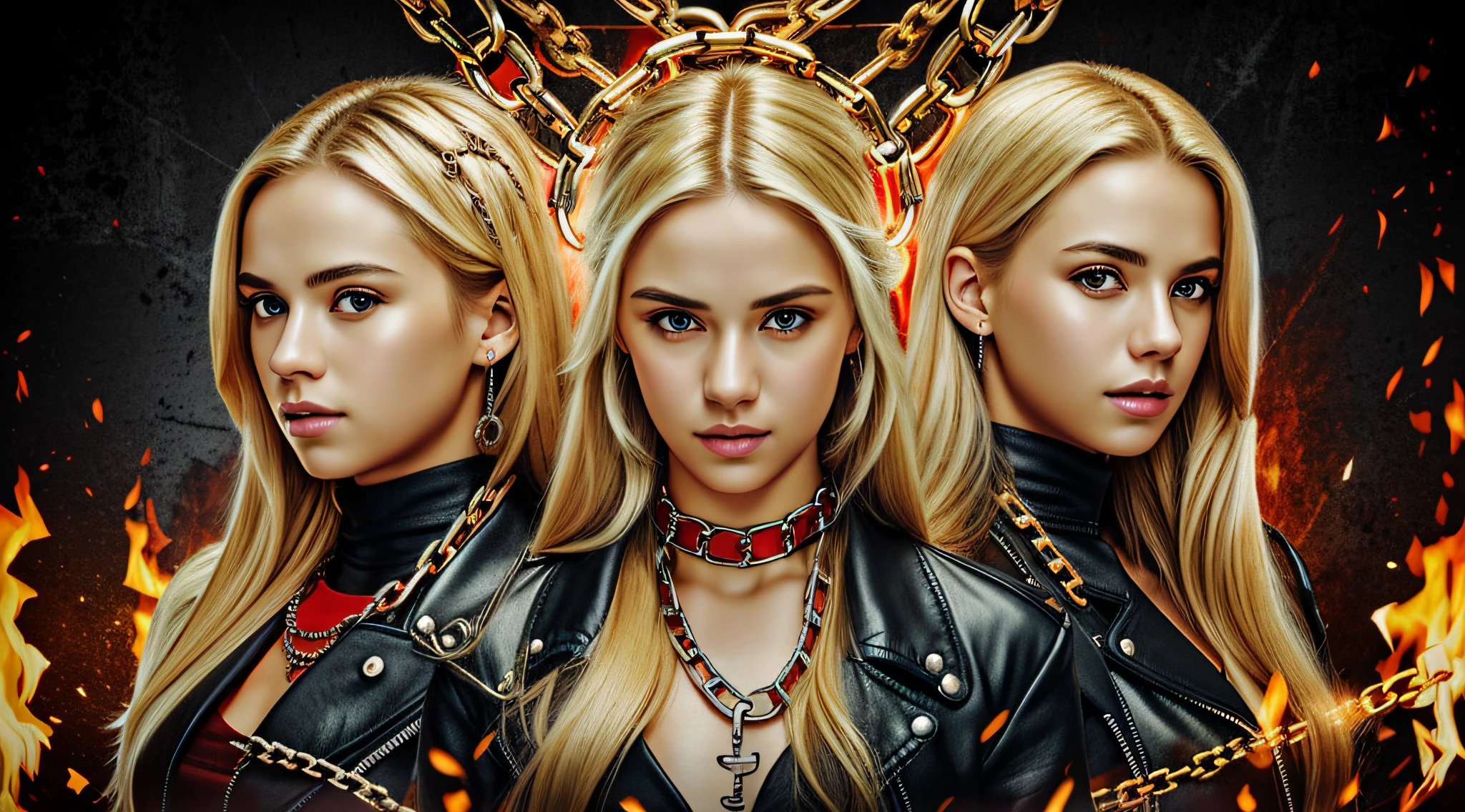 A half body, portrait of 3 German girls long blonde hair of 12 years, black leather jackets, background of chains, chain, more chains, many chains, , red, red fire, many background flames.