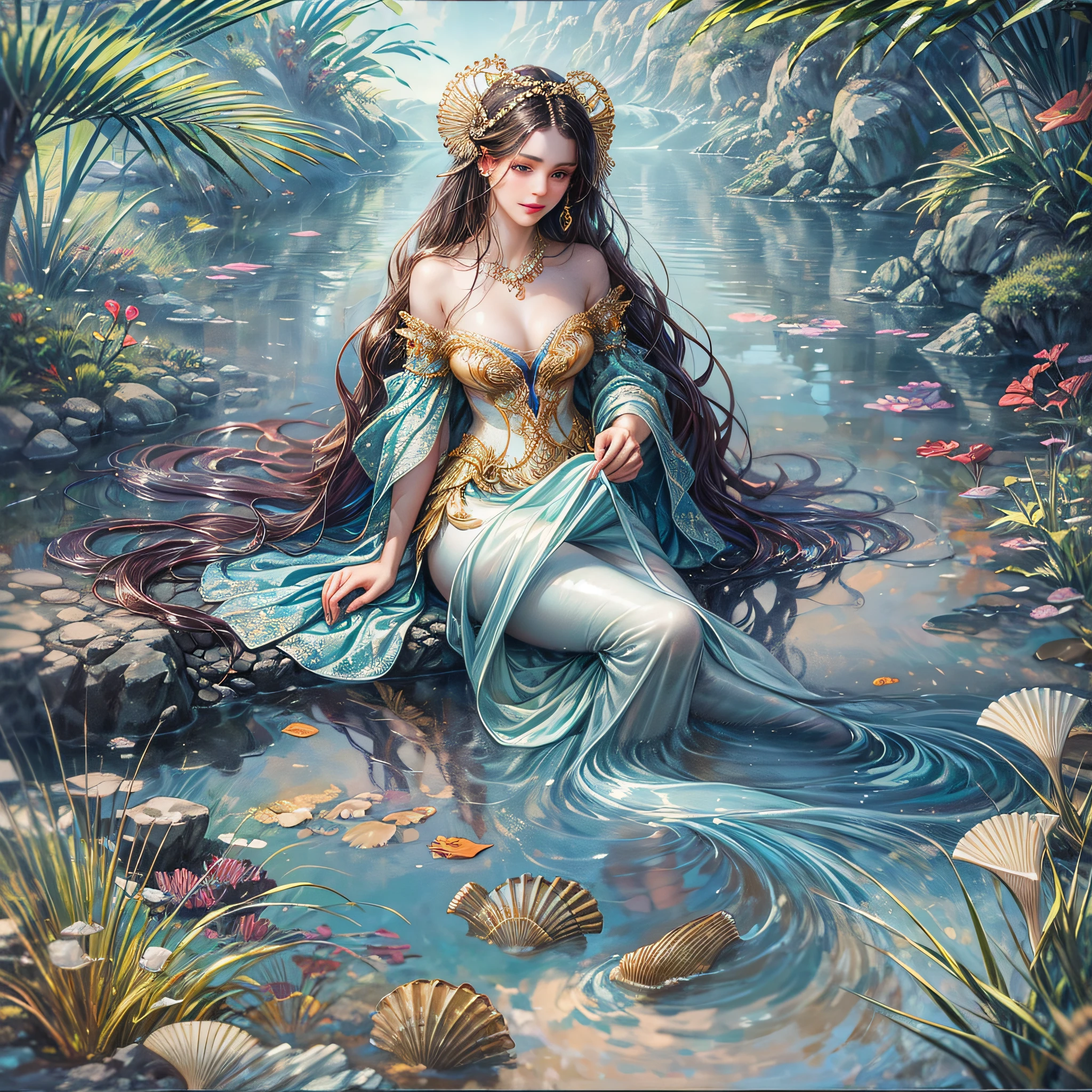 You are in front of a dazzling illustration of Iara, a captivating figure of Brazilian folklore. The image depicts a woman of incomparable beauty, with long black hair that flows like rivers and mesmerizing eyes that glow like the sea on a sunny day. Iara is sitting on a rock by a river, surrounded by aquatic plants and exotic flowers that reflect the diversity of Brazilian fauna and flora.
Dressed in a costume made of shells, seaweed and marine adornments, Iara exudes an aura of mystery and charm. Her skin has a soft glow, as if illuminated by moonlight. She is surrounded by water, her legs transformed into a long mermaid tail that plunges gently into the crystal clear waters.
Iara's serene expression reveals her deep connection to the aquatic elements. She holds a shell in one hand, a symbol of her connection to the sea and her ability to control the waters. Around you, water birds fly gracefully and colorful fish swim in harmony.
The atmosphere of the image is serene and engaging, transporting you to the enchanted world of Iara and its stories. A sense of calm and magic permeates the environment as Iara captivates everyone around her with her magnetic presence. Photorealist --auto --s2