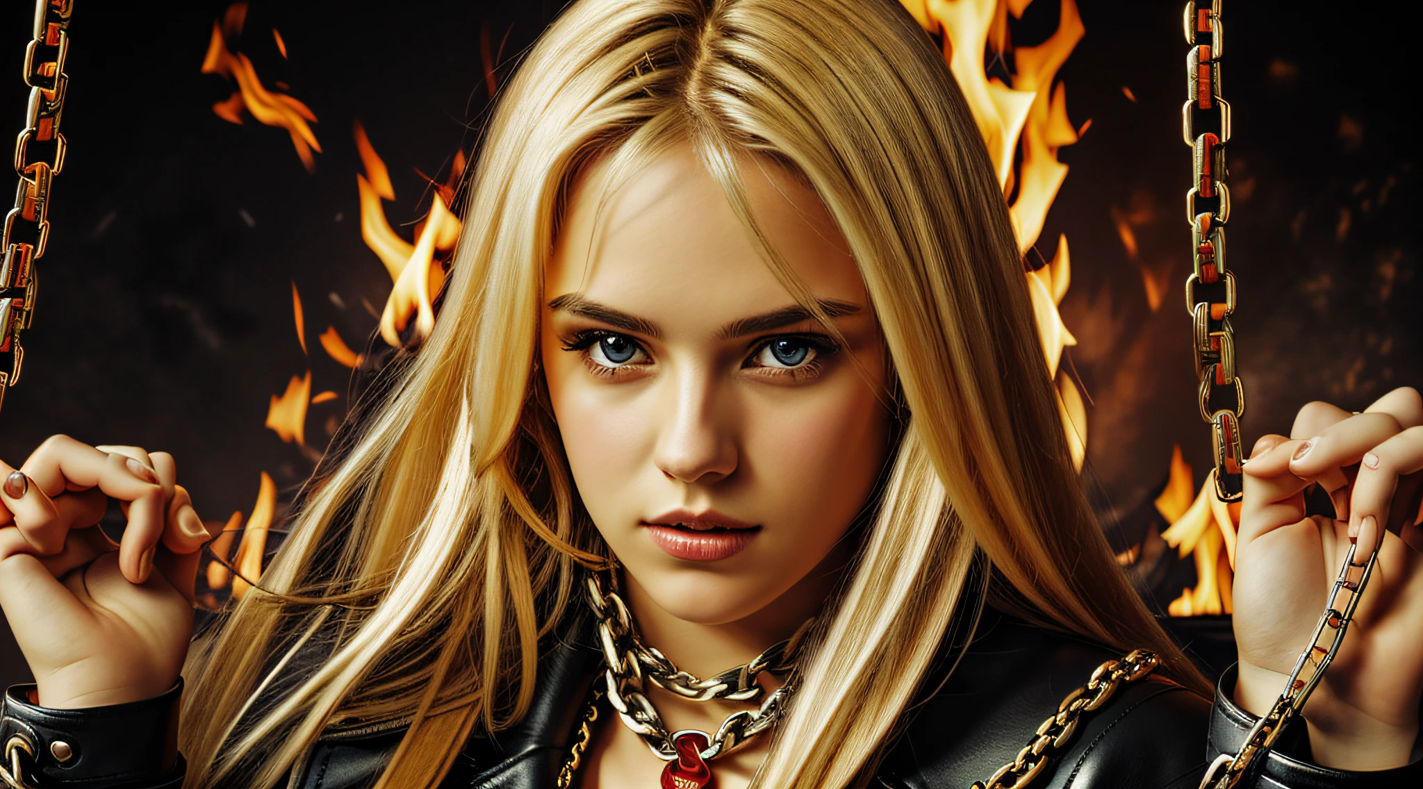 A half body, portrait of 3 German girls long blonde hair of 12 years, black leather jackets, background of chains, chain, more chains, many chains, , red, red fire, many background flames.
