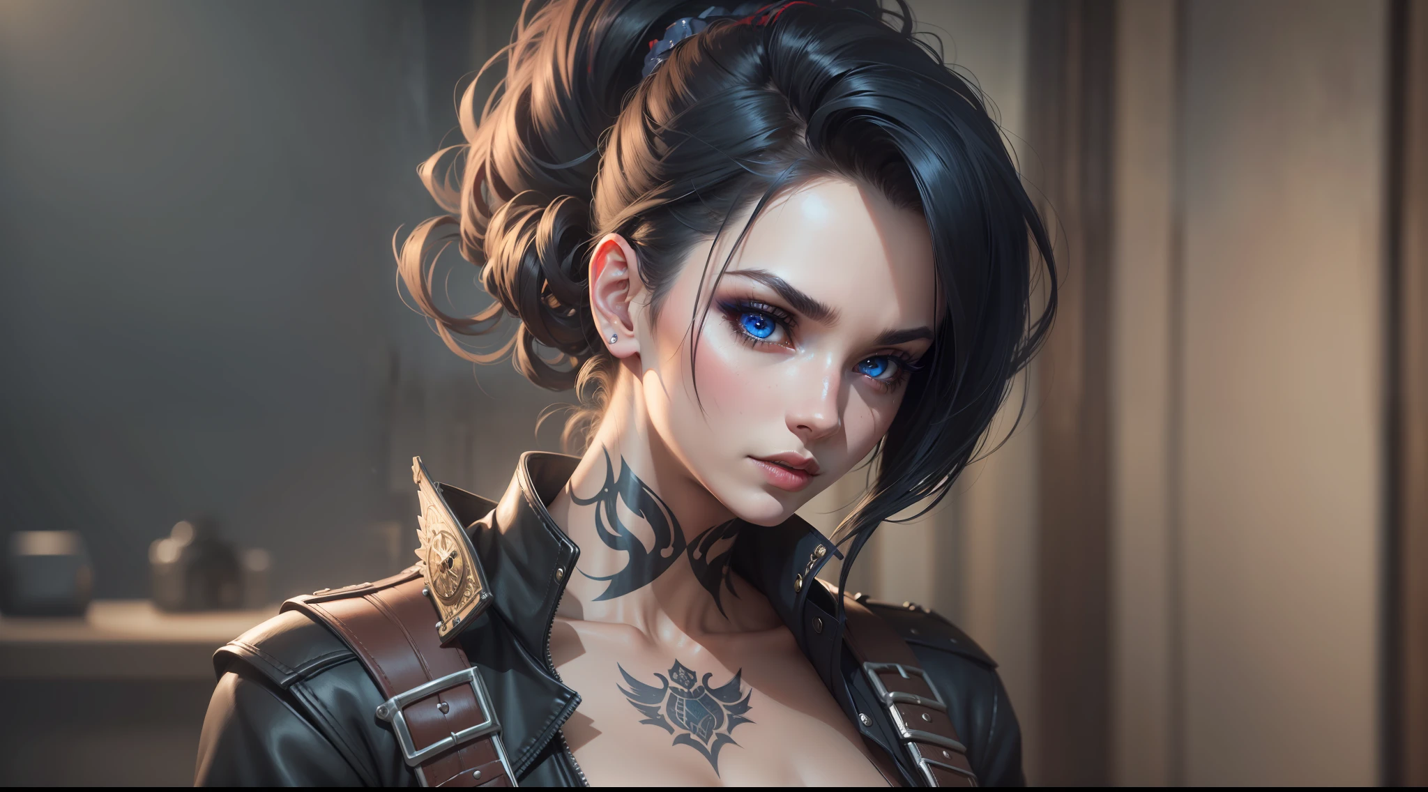 1 girl, solo, Gang leader, female, London year 1814, cloudy, athletic physique, no clothes, hollow, tattoos on the torso, matte top hat, cunning look, rough look, cinematic, 6d cannon, octane rendering, vintage aesthetic, mysterious aura, dark atmosphere, detailed face, mysterious aura, bright skin, short black hair, detailed intense blue eyes, arched eyebrows, dark makeup, full lips, deep red lipstick, full body, WLOP, 1 girl, solo, rendered in 8K resolution for high quality detail,perfect anatomy, hands with 4 fingers and 1 thumb, rendered in 8K resolution for high quality detail, 8K image quality, 8K high resolution image, hyper detailed, super realistic, intricate details