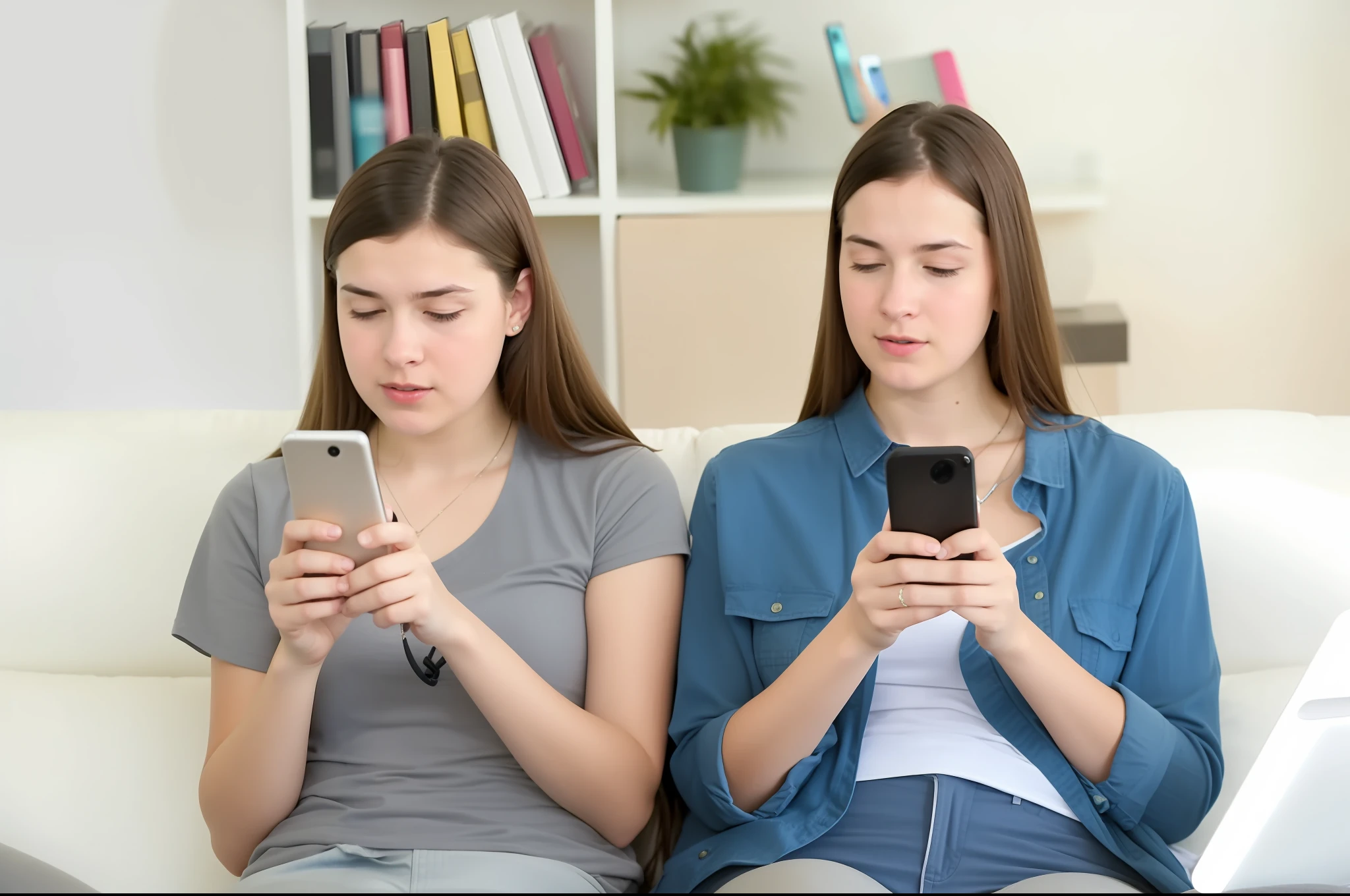 two women sitting on a couch looking at their cell phones, gen z, shutterstock, looking distracted, looking distracted and awkward, technological anguish, annoying sister vibes, they are very serious, twins playing video games, ager hangout spot, interrupting the big game, cell phones, two girls, editorial photo, awkward, caught, mobile game, absolutely
