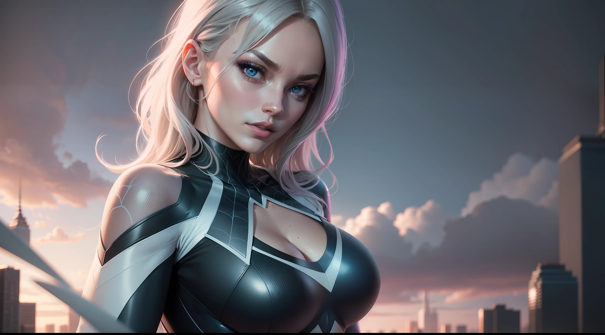 Spider Gwen, New York ffuturistic cloudy, athletic physique, cleavage, sly look, beauty look, cinematic, 6d cannon, octane rendering, vintage aesthetic, mysterious aura, dark atmosphere, detailed face, magical aura, detailed eyes, perfect anatomy, hands with 4 fingers and 1 thumb, rendered in 8K resolution for high quality detail, 8K image quality, 8K high resolution image, hyper detailed, super realistic, intricate details