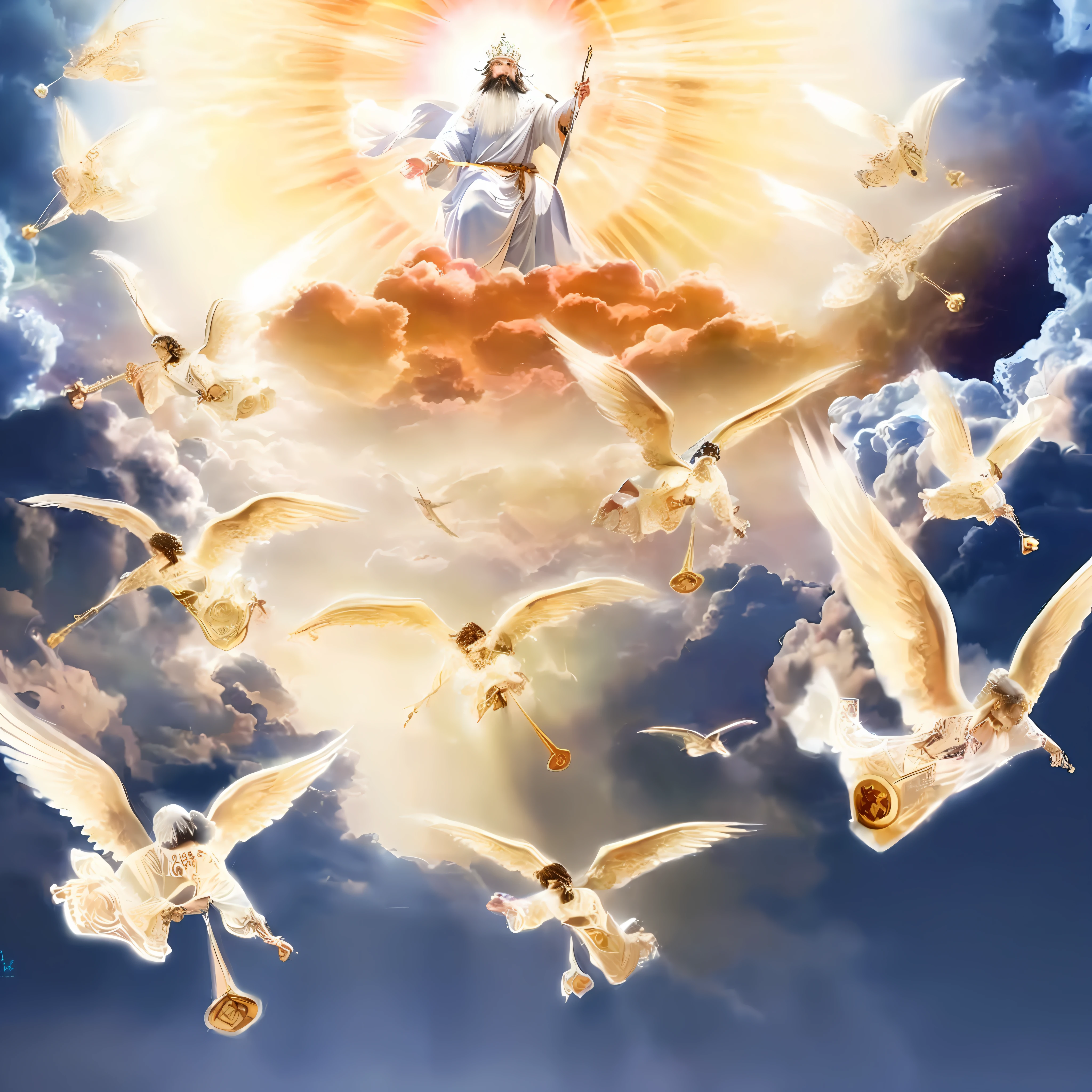 (extremely detailed CG unity 8k wallpaper, masterpiece, best quality, ultra-detailed), best illumination, best shadow, an extremely delicate and beautiful, floating,
[(1 figure), white robe, crown of thorns, savior, (beard), (blue eyes), (divine light), hands outstretched, (nail wounds on hands), dramatic angle],
(stained glass window, holy cross, church), (vastness), (sacred atmosphere).