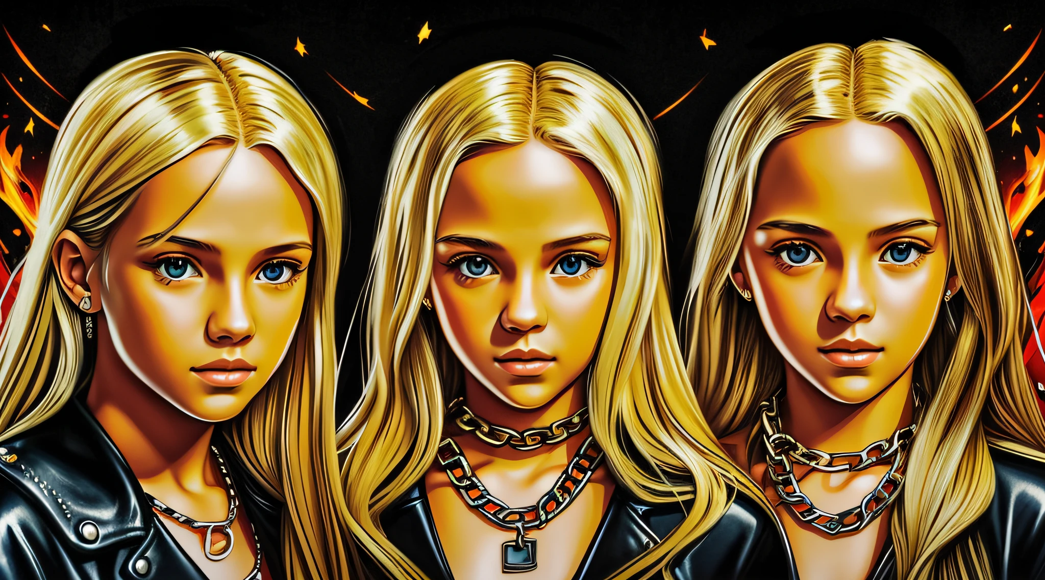 A half body, portrait of 3 girls German children long blonde hair of 12 years, yellow leather jackets, background of chains, chain, more chains, many chains, , red, red fire, many background flames.