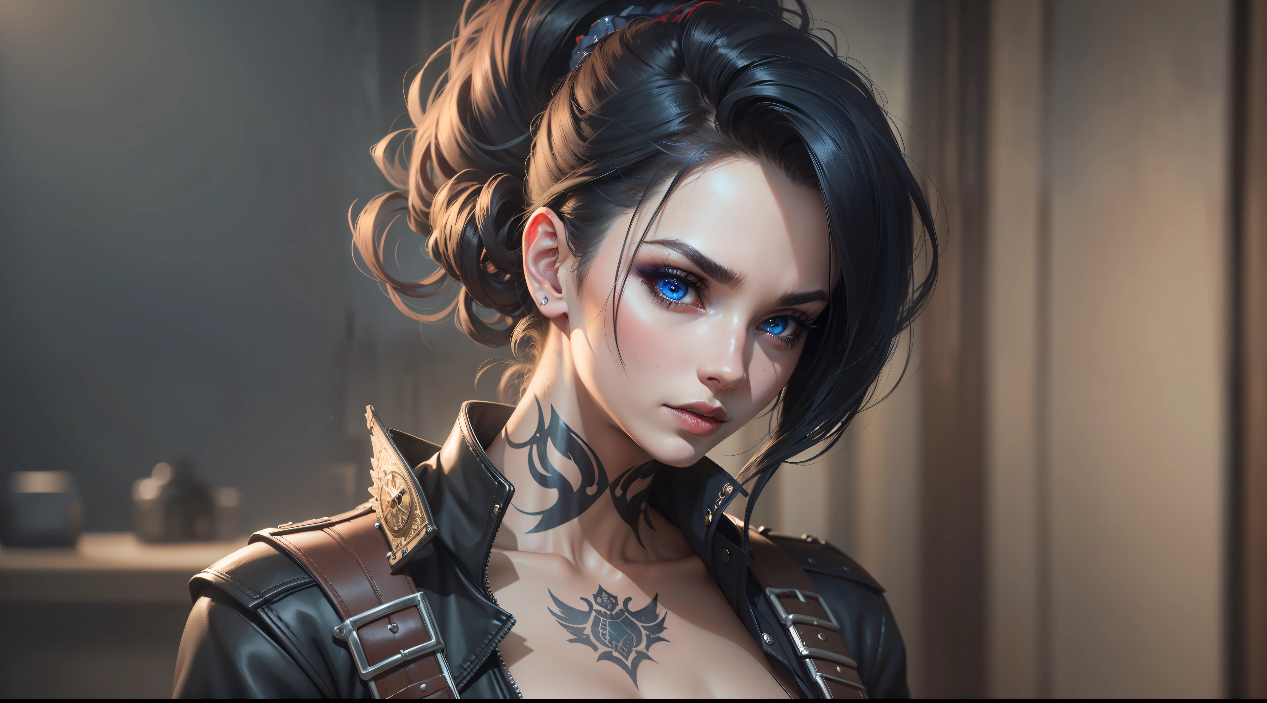 1 girl, solo, Gang leader, female, London year 1814, cloudy, athletic physique, no clothes, hollow, tattoos on the torso, matte top hat, cunning look, rough look, cinematic, 6d cannon, octane rendering, vintage aesthetic, mysterious aura, dark atmosphere, detailed face, mysterious aura, bright skin, short black hair, detailed intense blue eyes, arched eyebrows, dark makeup, full lips, deep red lipstick, full body, WLOP, 1 girl, solo, rendered in 8K resolution for high quality detail,perfect ???????, hands with 4 fingers and 1 thumb, rendered in 8K resolution for high quality detail, 8K image quality, 8K high resolution image, hyper detailed, super realistic, intricate details