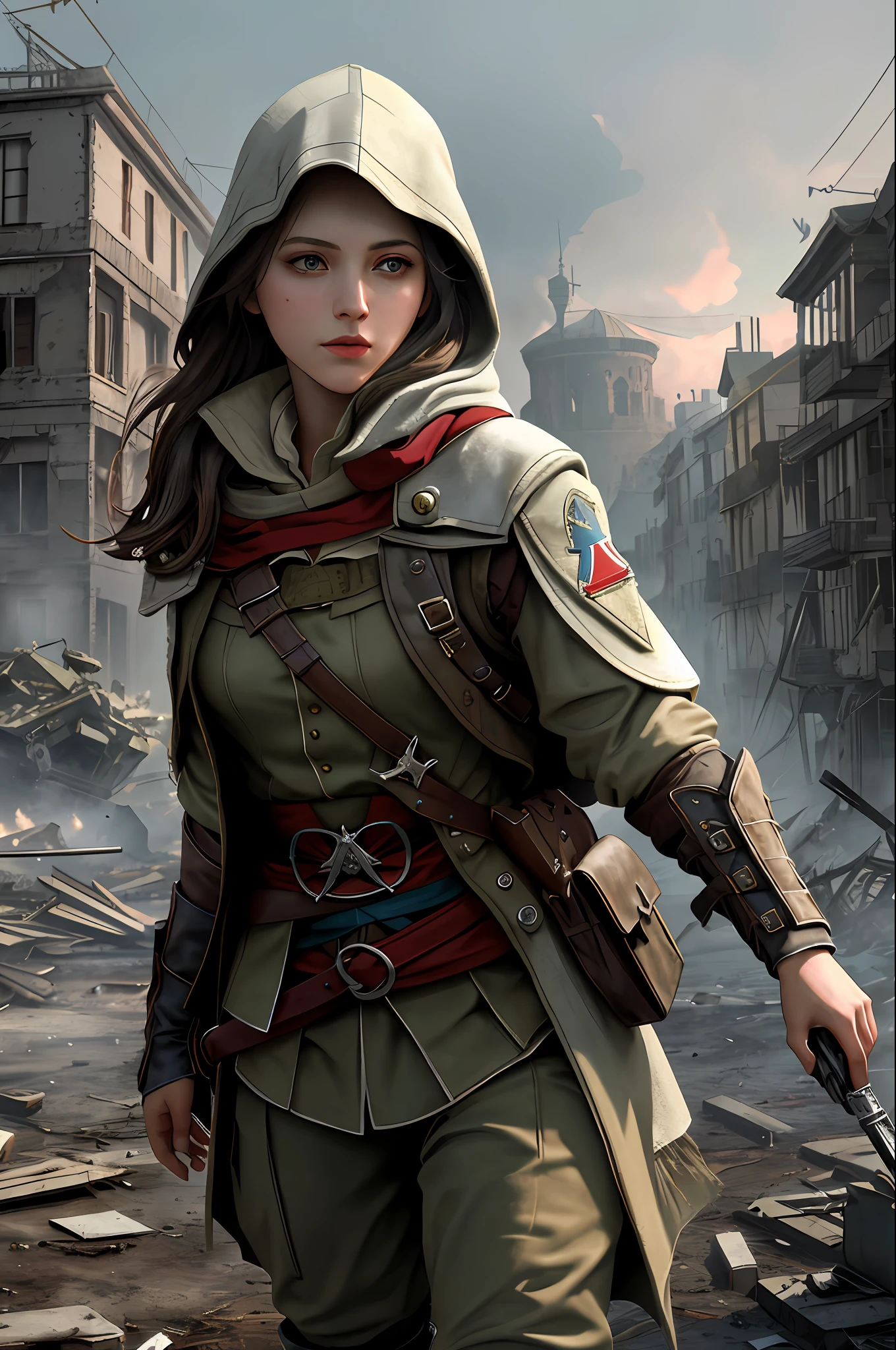 Create a compelling Assassin’s Creed Concept Art piece inspired by the WW2 era, crafted in the style of ultra-realistic visuals with meticulous attention to detail. Portray a young and captivating European girl adorned in a worn Allies military uniform, her face obscured by a hood. Set the scene amidst the haunting aftermath of a battlefield, showcasing the devastation and destruction left in the wake of war. Emphasize the realism and intricacy of the environment, capturing the gritty textures, shattered structures, and somber atmosphere in stunning 8K resolution.