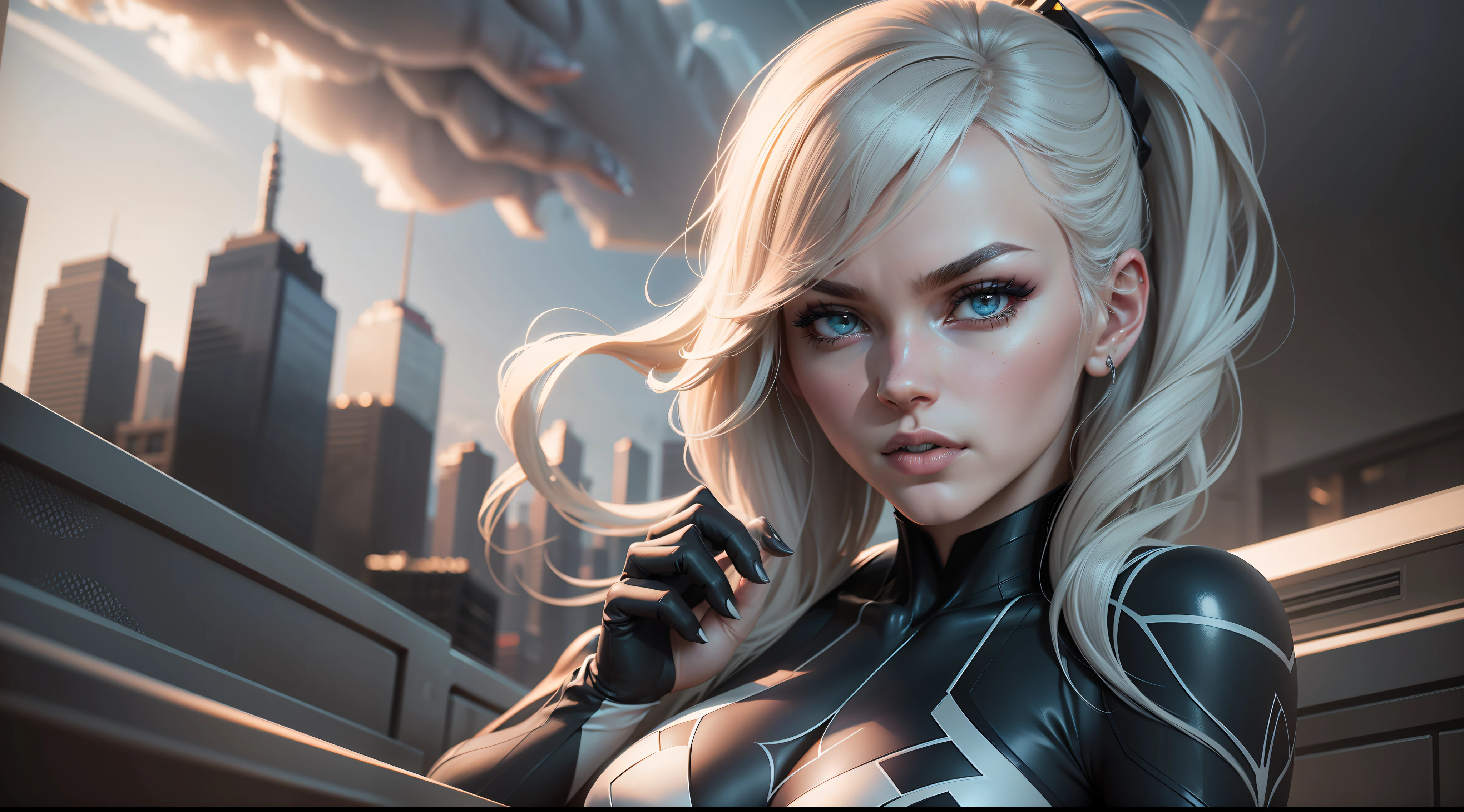 Spider Gwen, New York ffuturistic cloudy, athletic physique, cleavage, sly look, beauty look, cinematic, 6d cannon, octane rendering, vintage aesthetic, mysterious aura, dark atmosphere, detailed face, magical aura, detailed eyes, perfect anatomy, hands with 4 fingers and 1 thumb, rendered in 8K resolution for high quality detail, 8K image quality, 8K high resolution image, hyper detailed, super realistic, intricate details
