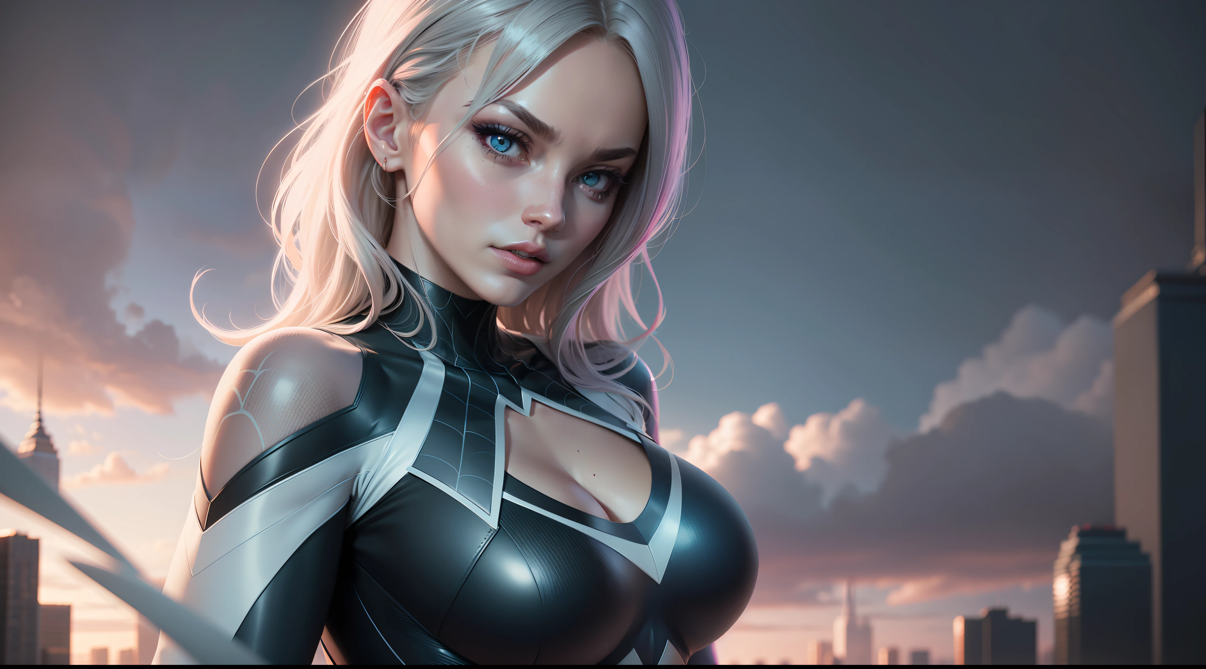 Spider Gwen, New York ffuturistic cloudy, athletic physique, cleavage, sly look, beauty look, cinematic, 6d cannon, octane rendering, vintage aesthetic, mysterious aura, dark atmosphere, detailed face, magical aura, detailed eyes, perfect anatomy, hands with 4 fingers and 1 thumb, rendered in 8K resolution for high quality detail, 8K image quality, 8K high resolution image,  hyper detailed, super realistic, intricate details