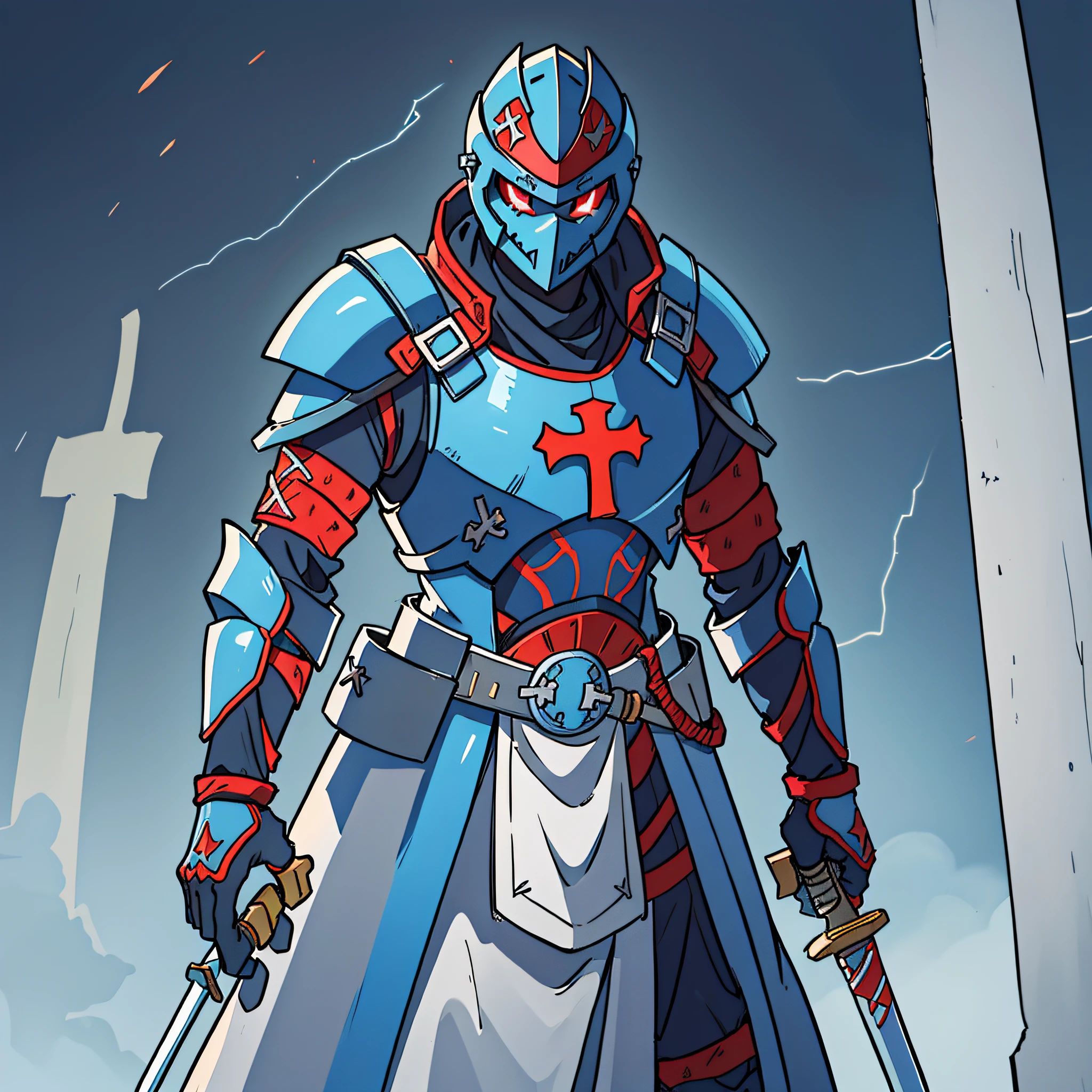 A warrior who wears a metal helmet with a cross in the middle and red eyes, his armor is large and blue and has a huge cross on his chest, his sword is long in the shape of a cross