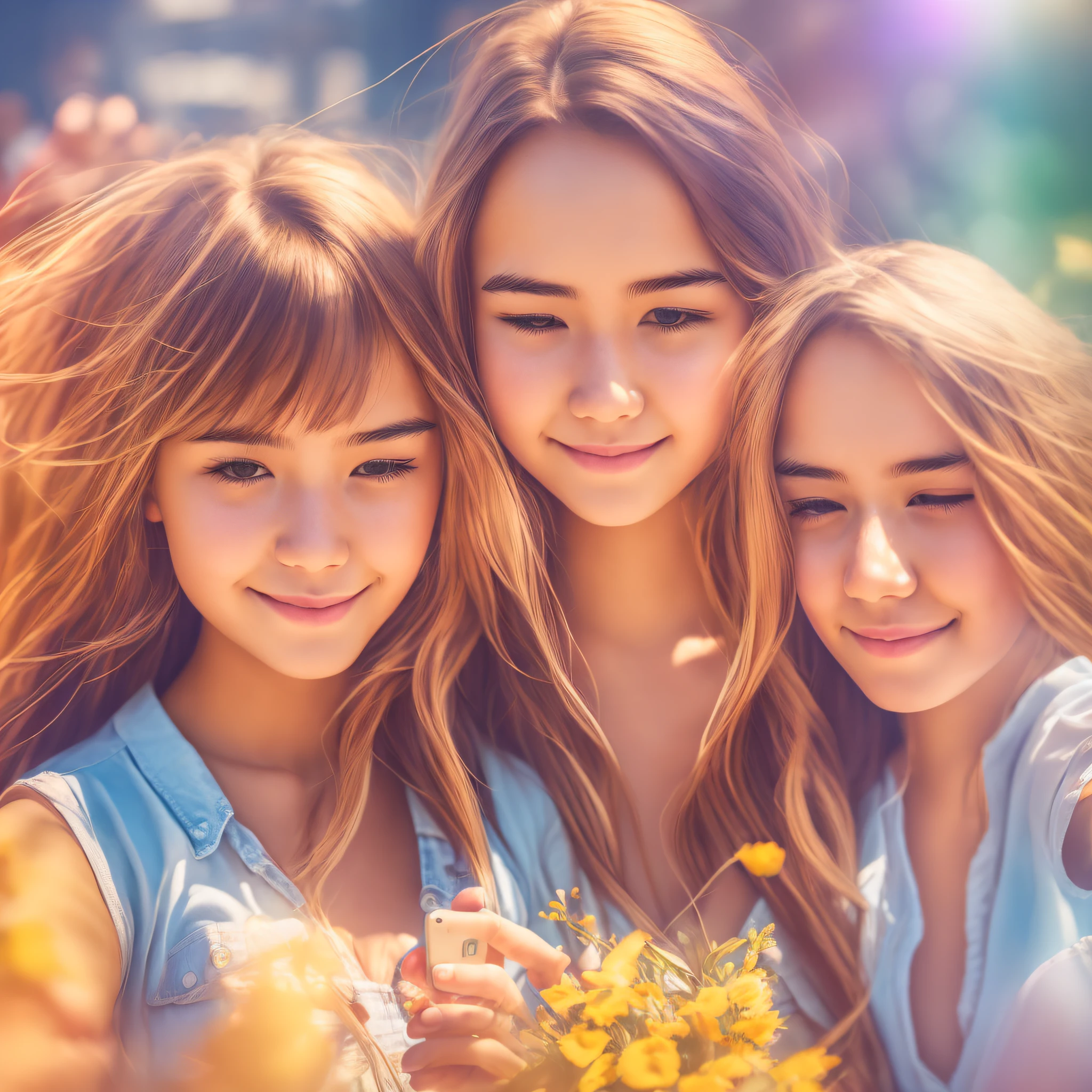 three women standing next to each other looking at a cell phone, young women, shutterstock, cute girls, young girls, generation z, selfie photo, take a selfie, portrait shot, on a sunny day, girls, college girls, girl, posing for a photo, 3 beautiful young women smiling, and one sad, posing for camera, selfie taken directly at angle --auto --s2