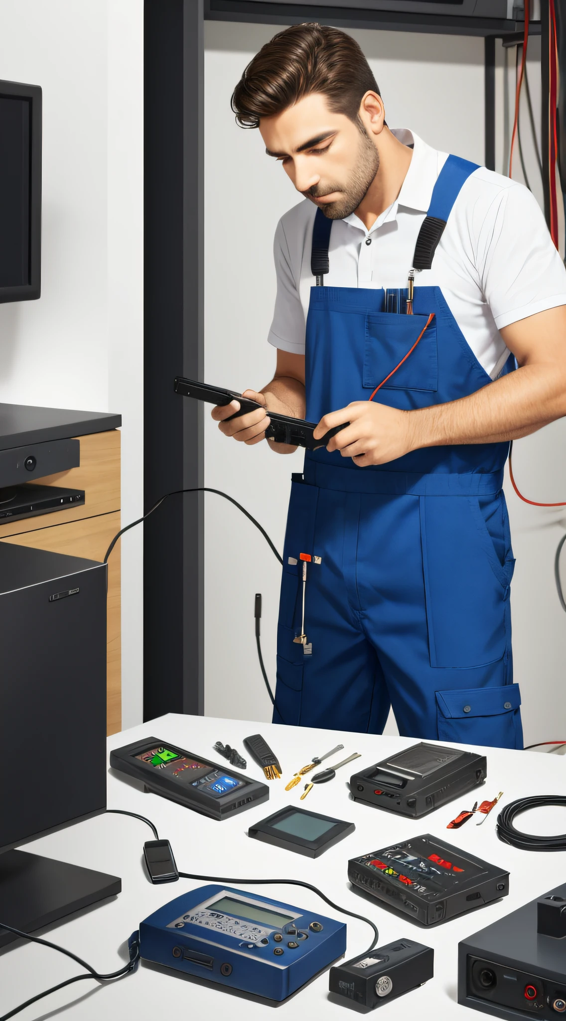 Man in TV repair technician outfit fixing a mini voice recorder