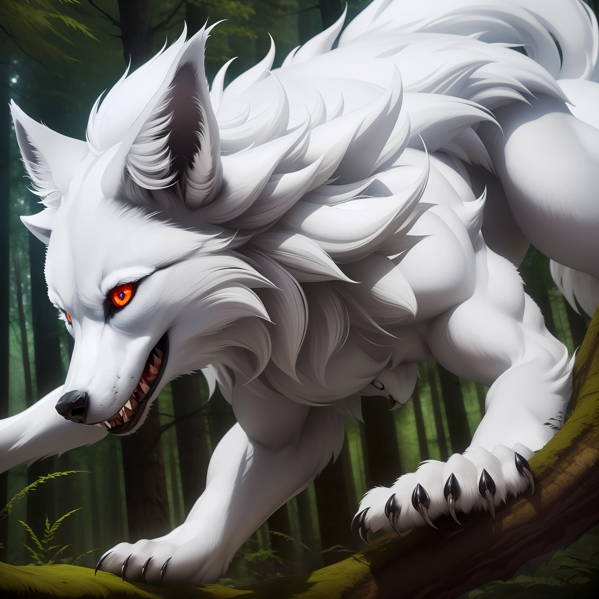 ((top quality, 8k, masterpiece: 1.3)), beauty, 1 wolf 1.3, white coat: 1.1, (in the forest, attack position: 1.2), ultra detailed wolf, highly detailed hair, detailed red eyes, double eyelids sharp claws