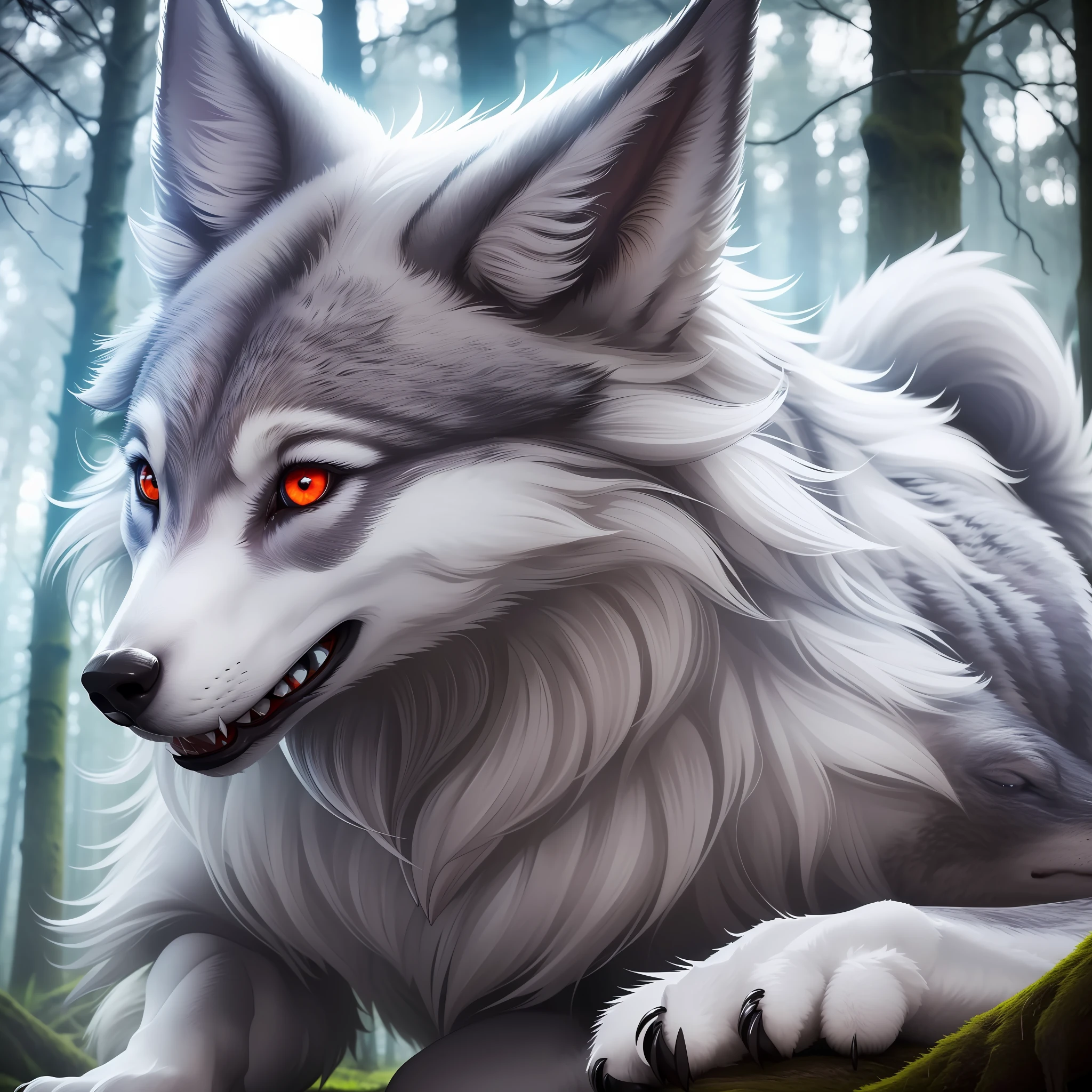 ((top quality, 8k, masterpiece: 1.3)), beauty, 1 wolf 1.3, white coat: 1.1, (in the forest, attack position: 1.2), ultra detailed wolf, highly detailed hair, detailed red eyes, double eyelids sharp claws