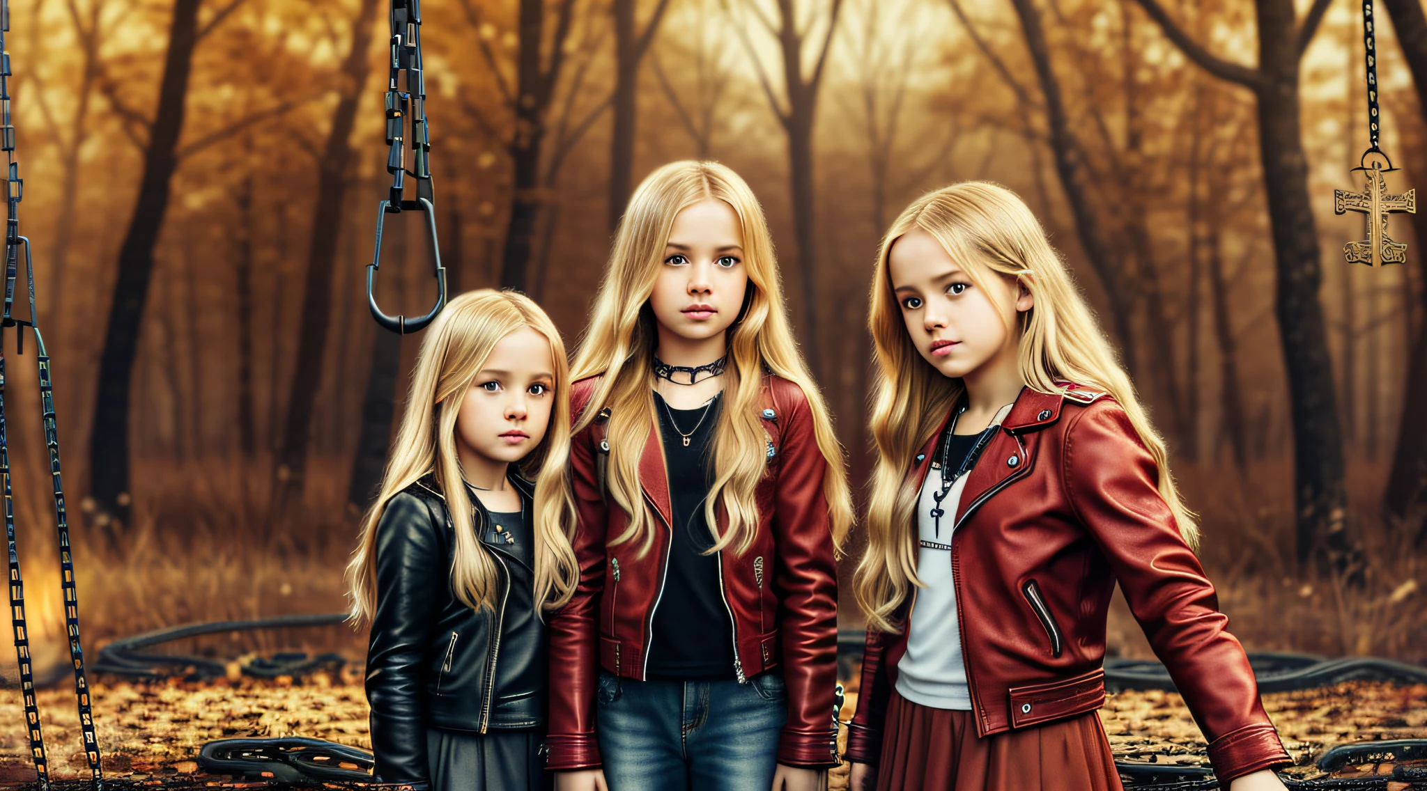 A half body, portrait of 3 girls German children long blonde hair of , red leather jackets, holding in their hands a cross, background of chains, chain, more chains, many chains, , red, red fire, many background flames.