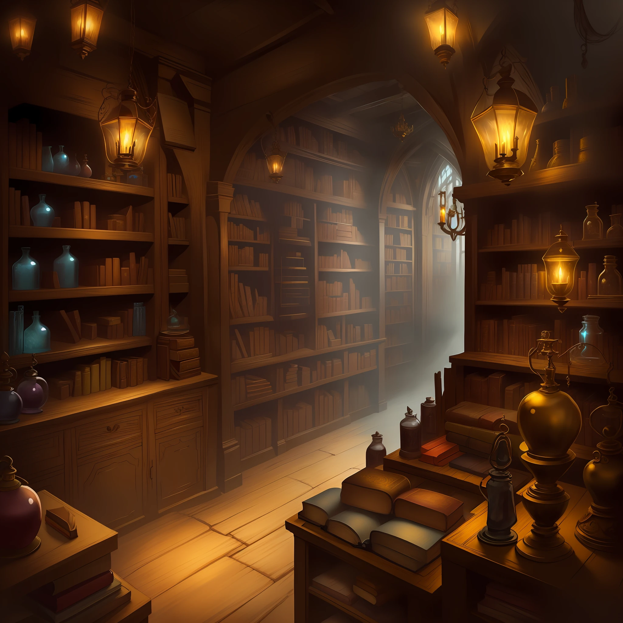 Alchemist library background, in an old magic shop, storybook illustration, in potion shop, magic library, storybook art, publishing art, standing inside the magic library, dusty library, ancient library