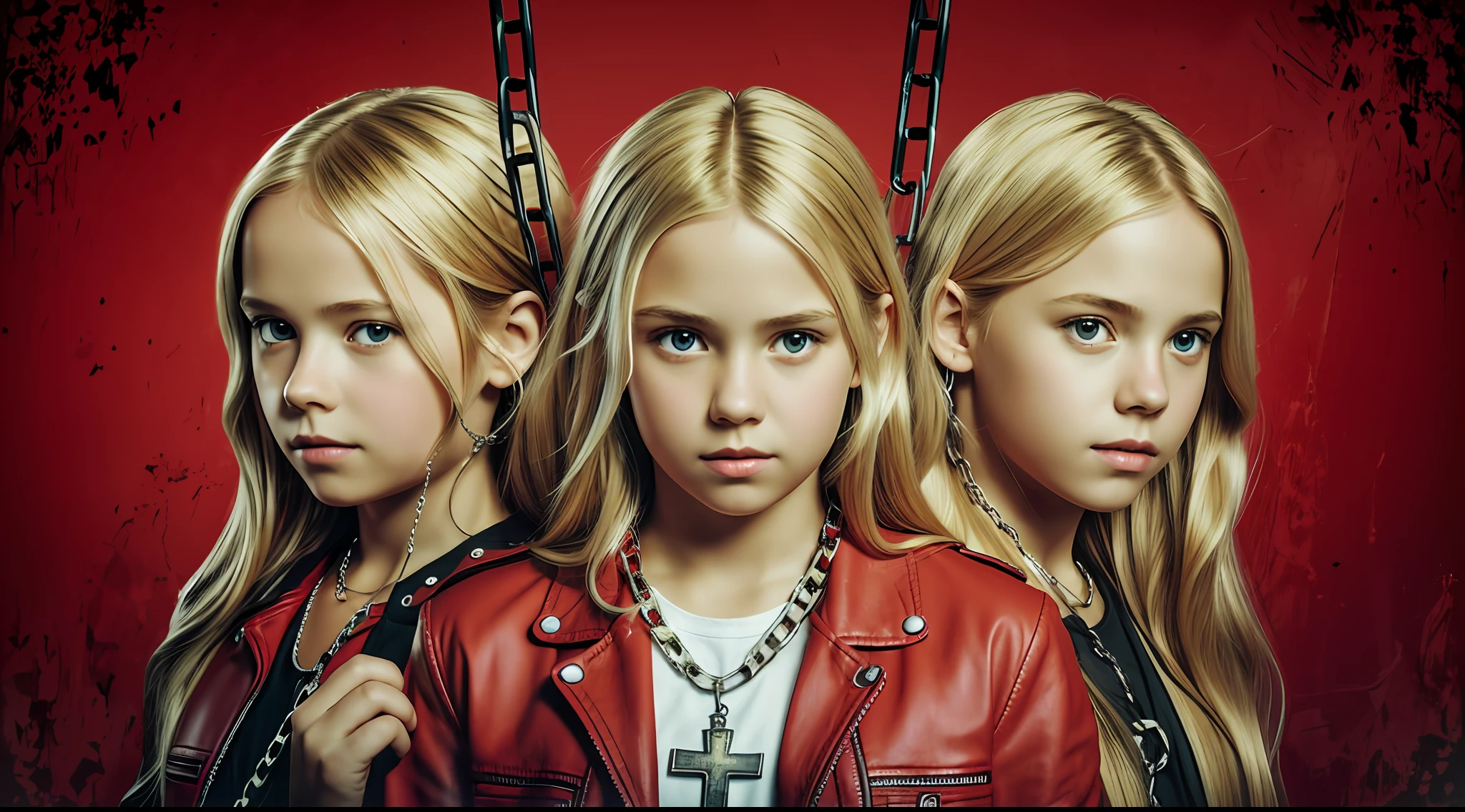 A half body, portrait of 3 girls German children long blonde hair of 12 years, red leather jackets, holding in their hands a cross, background of chains, chain, more chains, many chains, , red, red fire, many background flames.