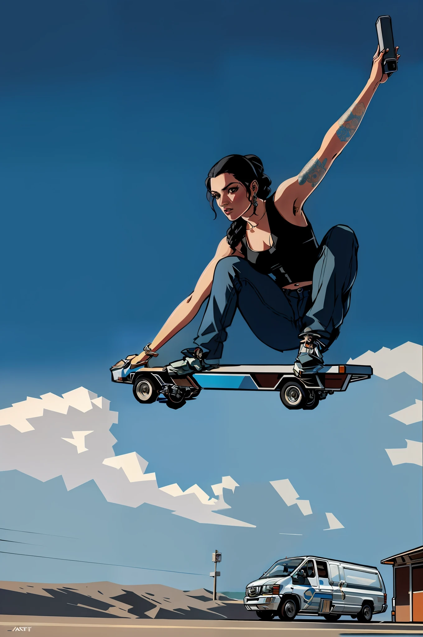 photo of the most beautiful artwork in the world featuring a modern punk woman, leaning against a van on a California beach, trending on ArtStation, CGSociety, Intricate, High Detail, Sharp focus, dramatic, photorealistic painting art by greg Rutkowski