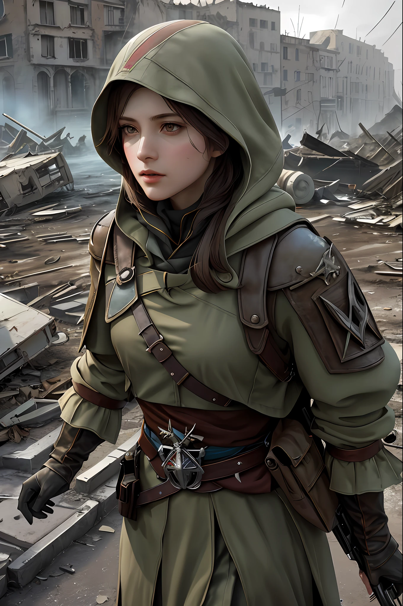 Create a compelling Assassin’s Creed Concept Art piece inspired by the WW2 era, crafted in the style of ultra-realistic visuals with meticulous attention to detail. Portray a young and captivating European girl adorned in a worn Allies military uniform, her face obscured by a hood. Set the scene amidst the haunting aftermath of a battlefield, showcasing the devastation and destruction left in the wake of war. Emphasize the realism and intricacy of the environment, capturing the gritty textures, shattered structures, and somber atmosphere in stunning 8K resolution.