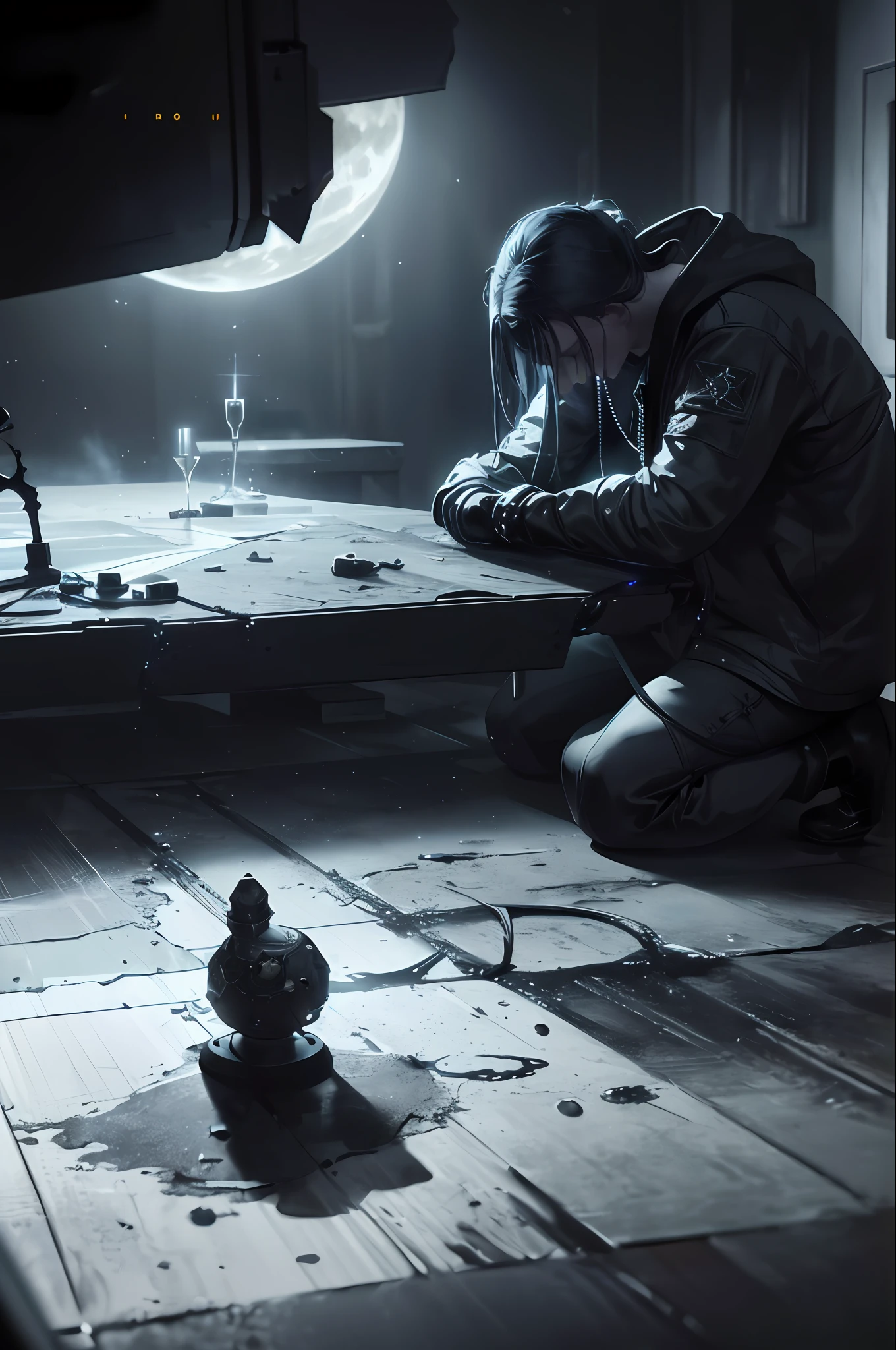 regicide praying on the moon, photorealistic, high detail, 8k, trending artstation, octane rendering, cinematic lighting, 3d rendering, vray caustics, volumetric lighting, dark atmosphere, moody colors, sense of awe, concept art, unreal engine 5 rendering , cinematic center shot, hyper-realistic, ultra detailed