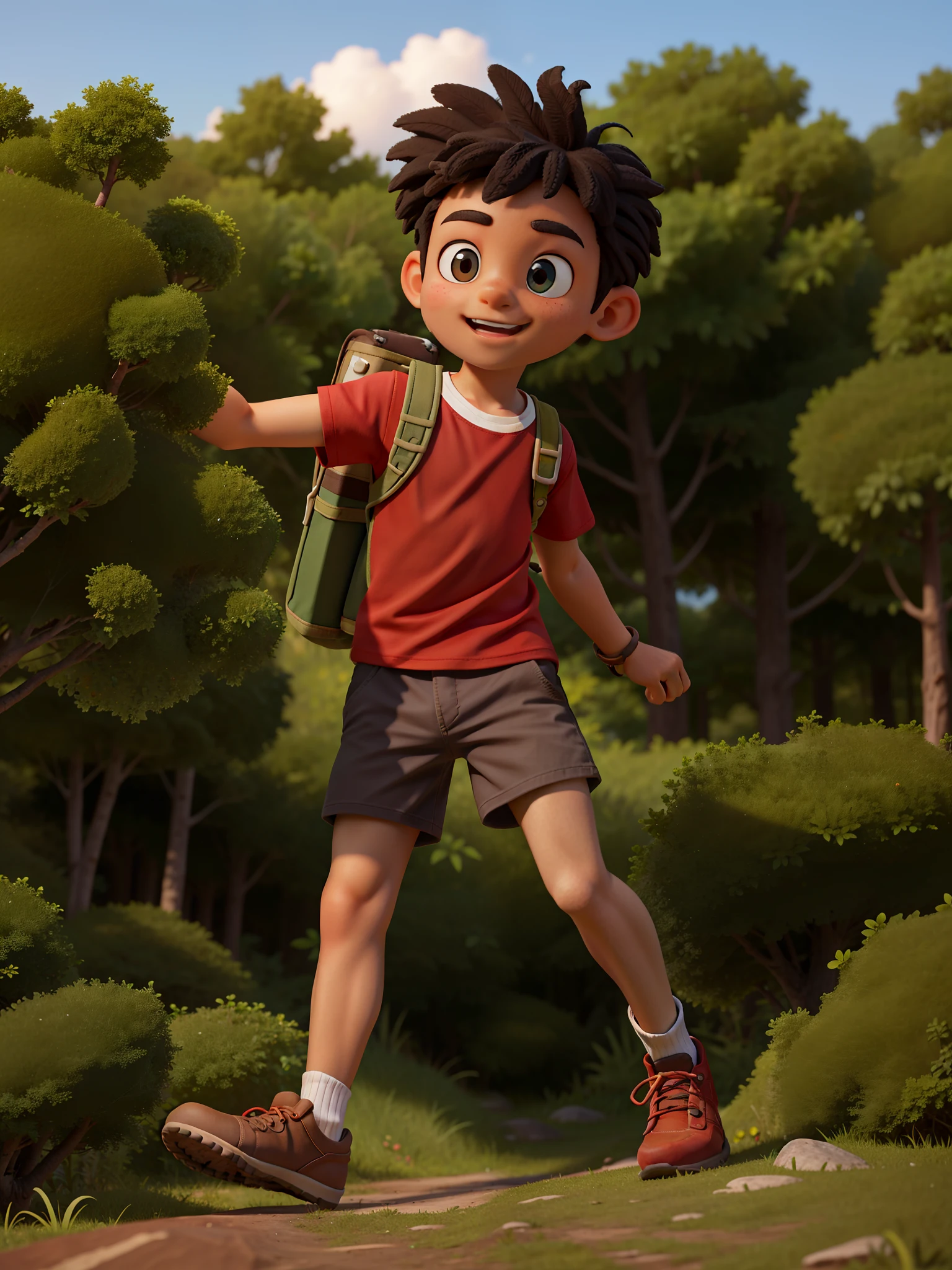 masterpiece, high quality best quality, close up, black skin boy, 7 years, red burrow, red shorts, no shirt, no shoes, forest protector, adventurer running, forest boy, explorer, outdoors, nature, hiking, forest, curiosity, discovery, wanderlust, trailblazer, young, active, fear, sad, discovery, thrill seeker, boy, playful, free spirit, young adventurer, various expressions, outdoor enthusiast.