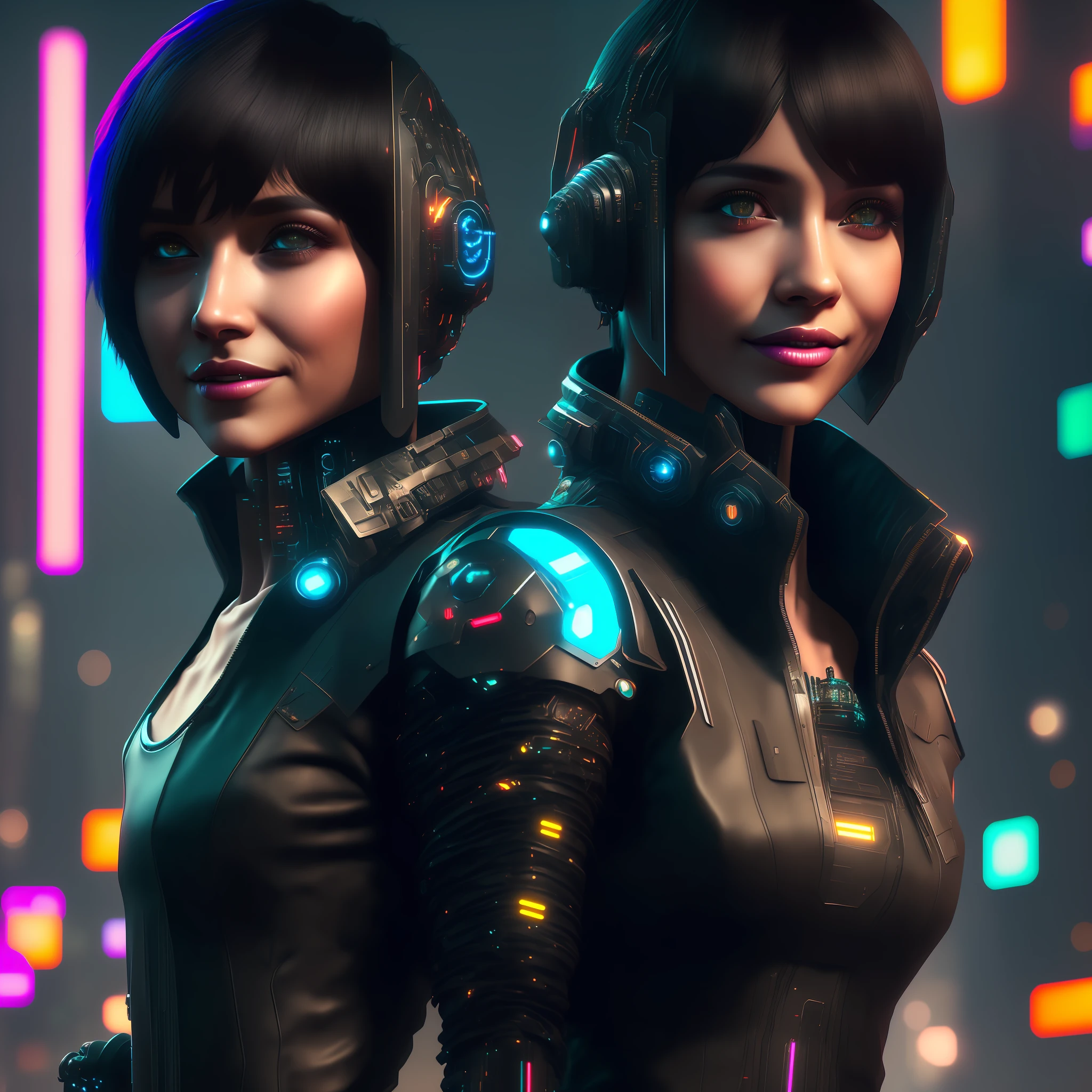 1Cyberpunk woman A futuristic city, the setting is illuminated by a plethora of vibrant neon lights that stretch across the streets. Towering skyscrapers and futuristic-looking buildings surround the landscape, creating a dystopian urban atmosphere. digital art, trending artstation, 4k, high detail,cyberpunk:1.5,(ultra realistic details),
(best quality, masterpiece), (girl, (cyberpunk:1.5), vest of
leather, (bob cut:1.5), (masterpiece:0.2), ultra-detailed, 1girl, fair skin, detailed skin, side, portrait, smile, expression face, black eyes, looking forward, black hair, portrait, global lighting, shadows, octane render, 8k, ultra sharp, metal, intricate, detailed ornaments, cool colors, egyptian detail, highly intricate details, realistic light, trend in cgsociety, bright eyes, front camera, neon details, mechanical limbs, blood vessels connecting to tubes, mechanical vertebra attaching to the back, mechanical cervial attaching to the neck, sitting, wires and cables connecting to the head
