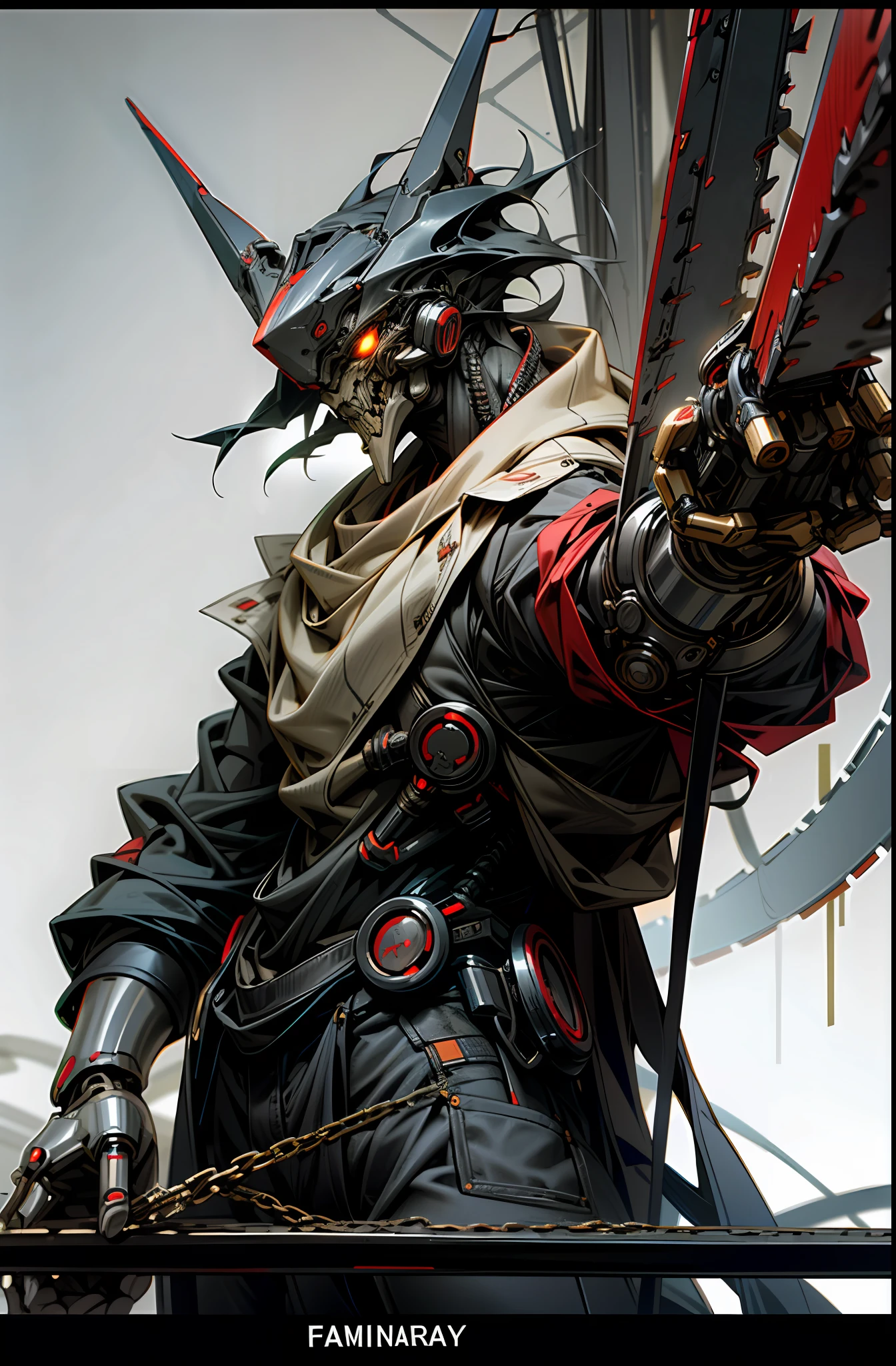 Dark_Fantasy,Cyberpunk,(chain saw,chain saw man,Red:1.1),1man,Mechanical marvel,Robotic presence,Cybernetic guardian,