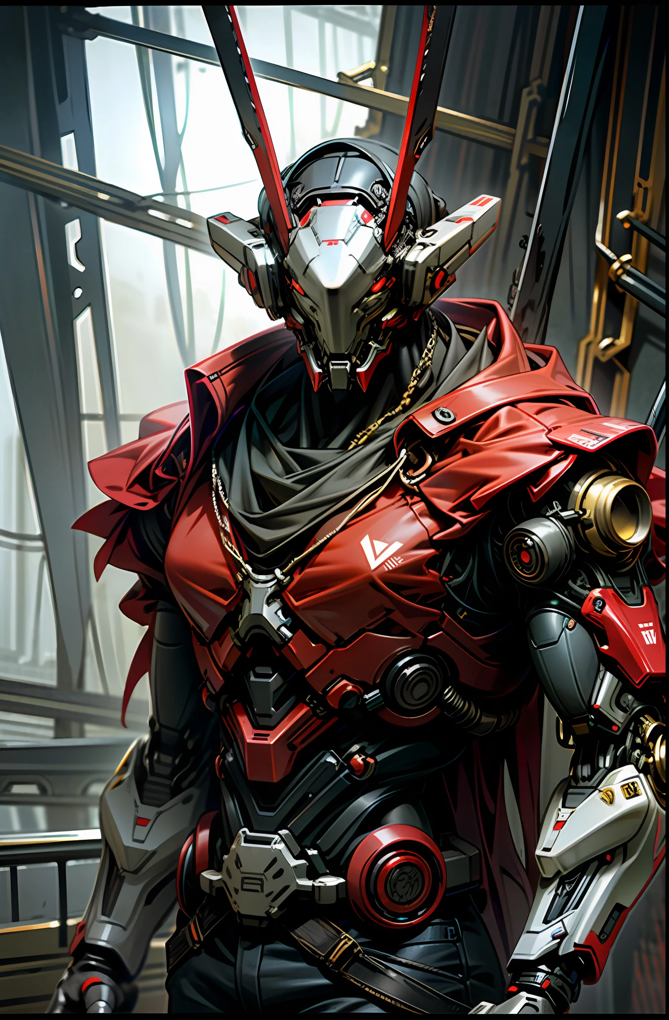 Dark_Fantasy,Cyberpunk,(chain saw,chain saw man,Red:1.1),1man,Mechanical marvel,Robotic presence,Cybernetic guardian,