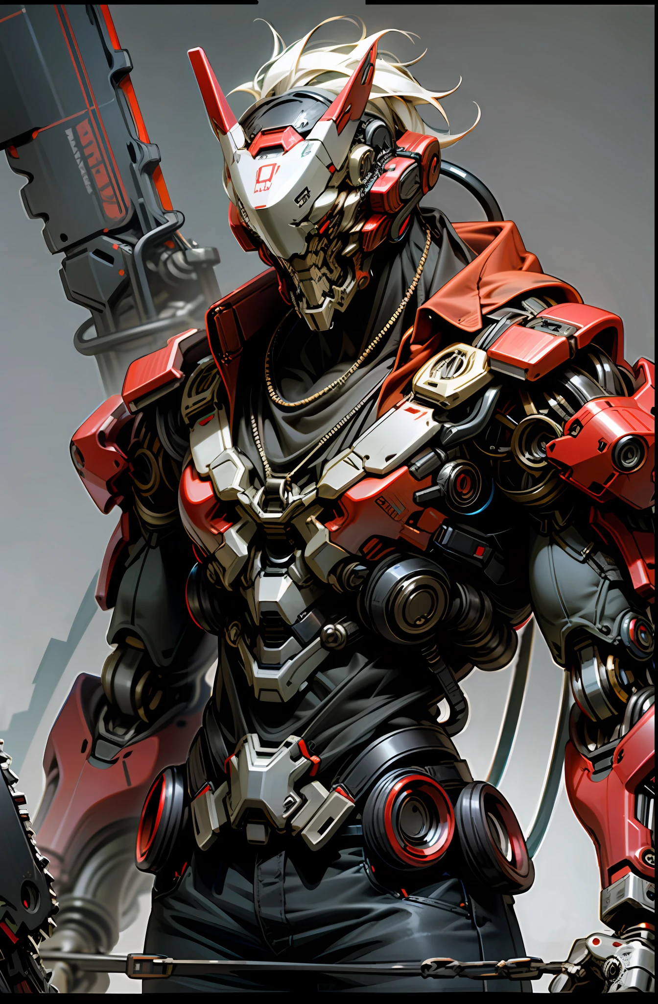 Dark_Fantasy,Cyberpunk,(chain saw,chain saw man,Red:1.1),1man,Mechanical marvel,Robotic presence,Cybernetic guardian,
